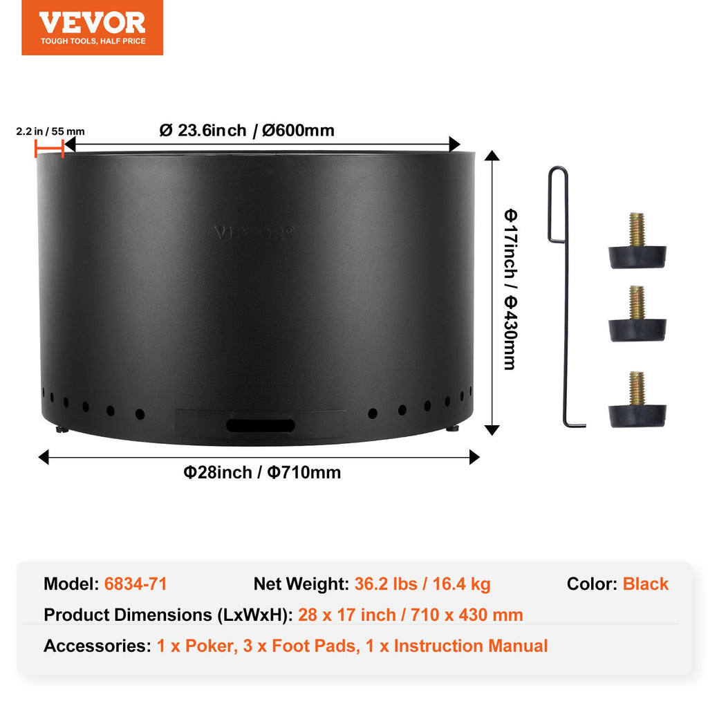 Be dūmų lauko židinys VEVOR 6834-71, 71,1 cm skersmens