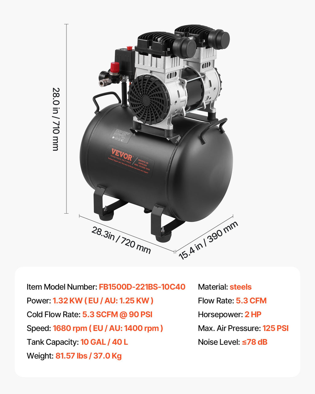 Oro kompresorius VEVOR FB1500D-221AF-10C40, 40 l