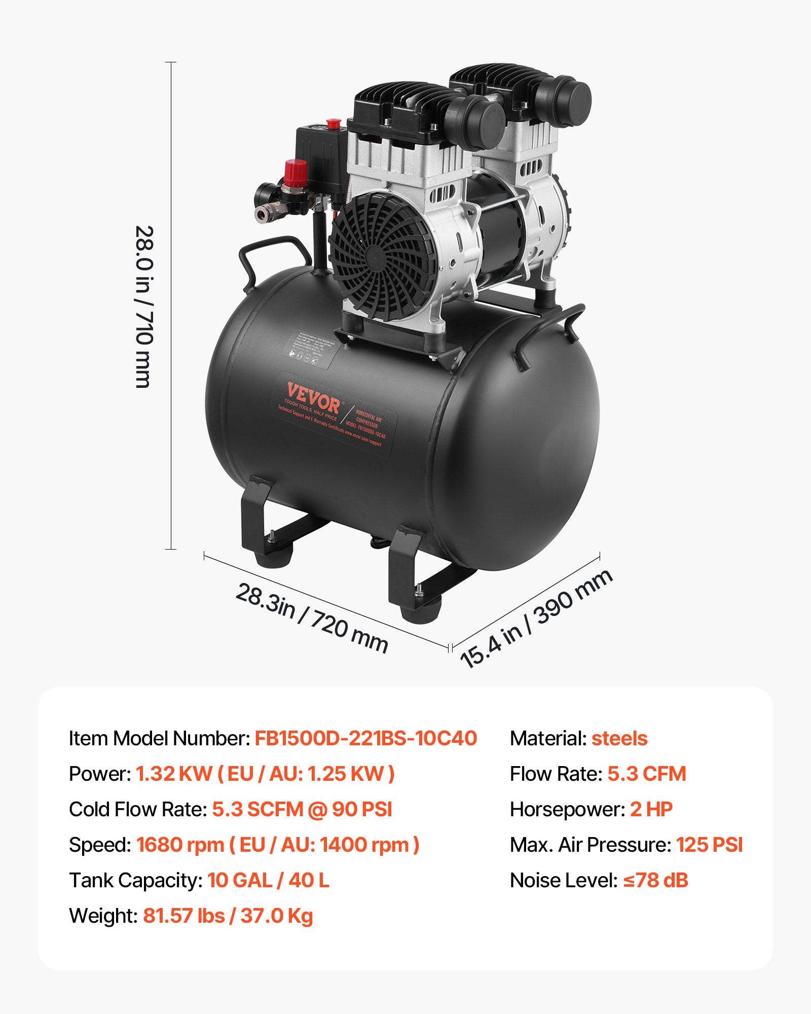 Oro kompresorius VEVOR FB1500D-221AF-10C40, 40 l