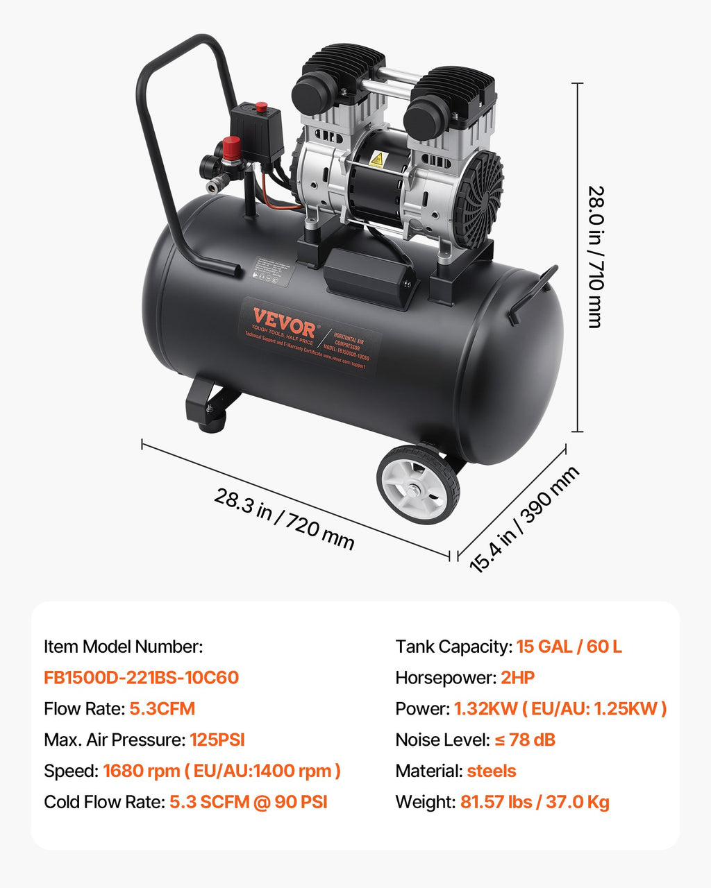 Oro kompresorius VEVOR FB1500D-221AF-10C60, 60 l