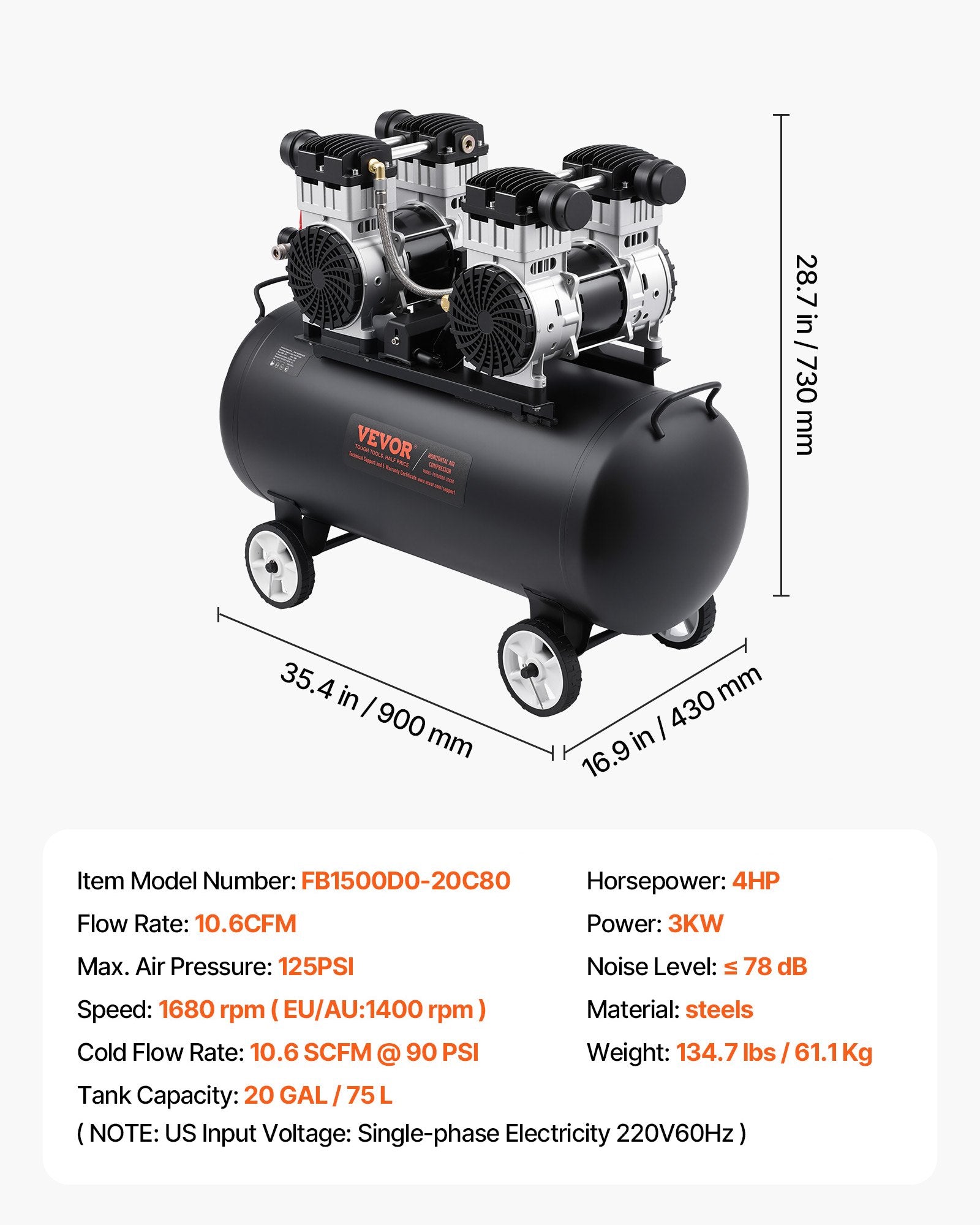 Oro kompresorius VEVOR FB1500D0-20C80, 75 l