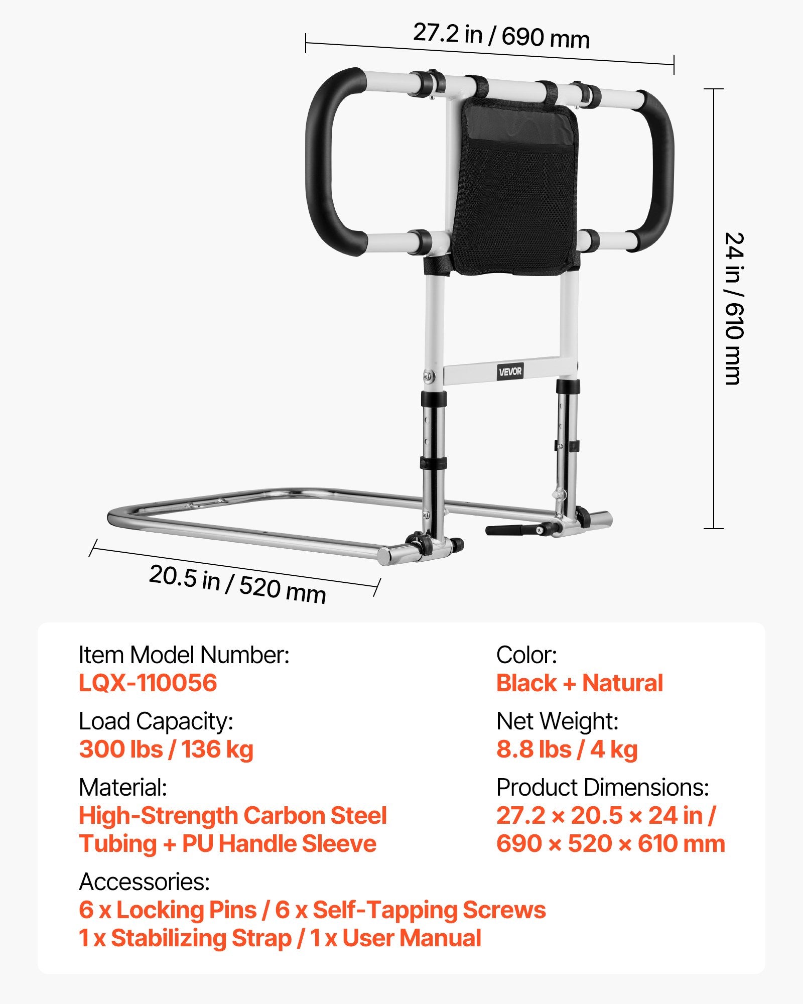 Lovos turėklas VEVOR LQX-110056, 136 kg apkrova