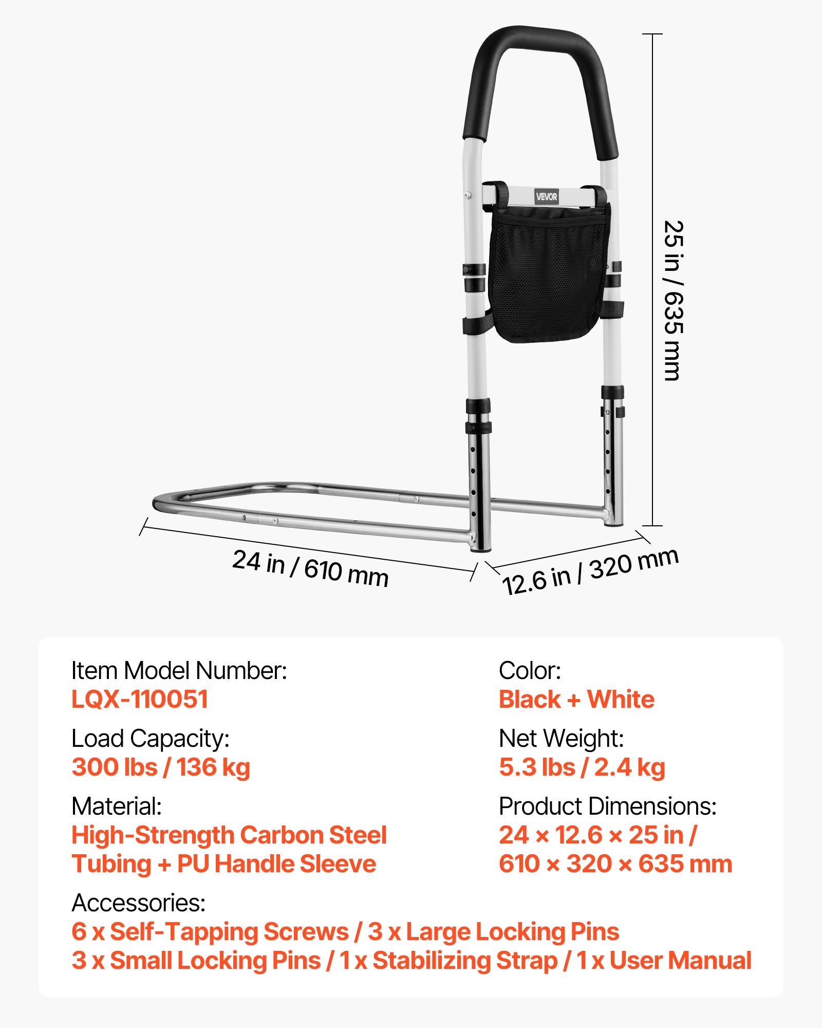 Lovos turėklas pagyvenusiems žmonėms VEVOR LQX-110051, 136 kg apkrova