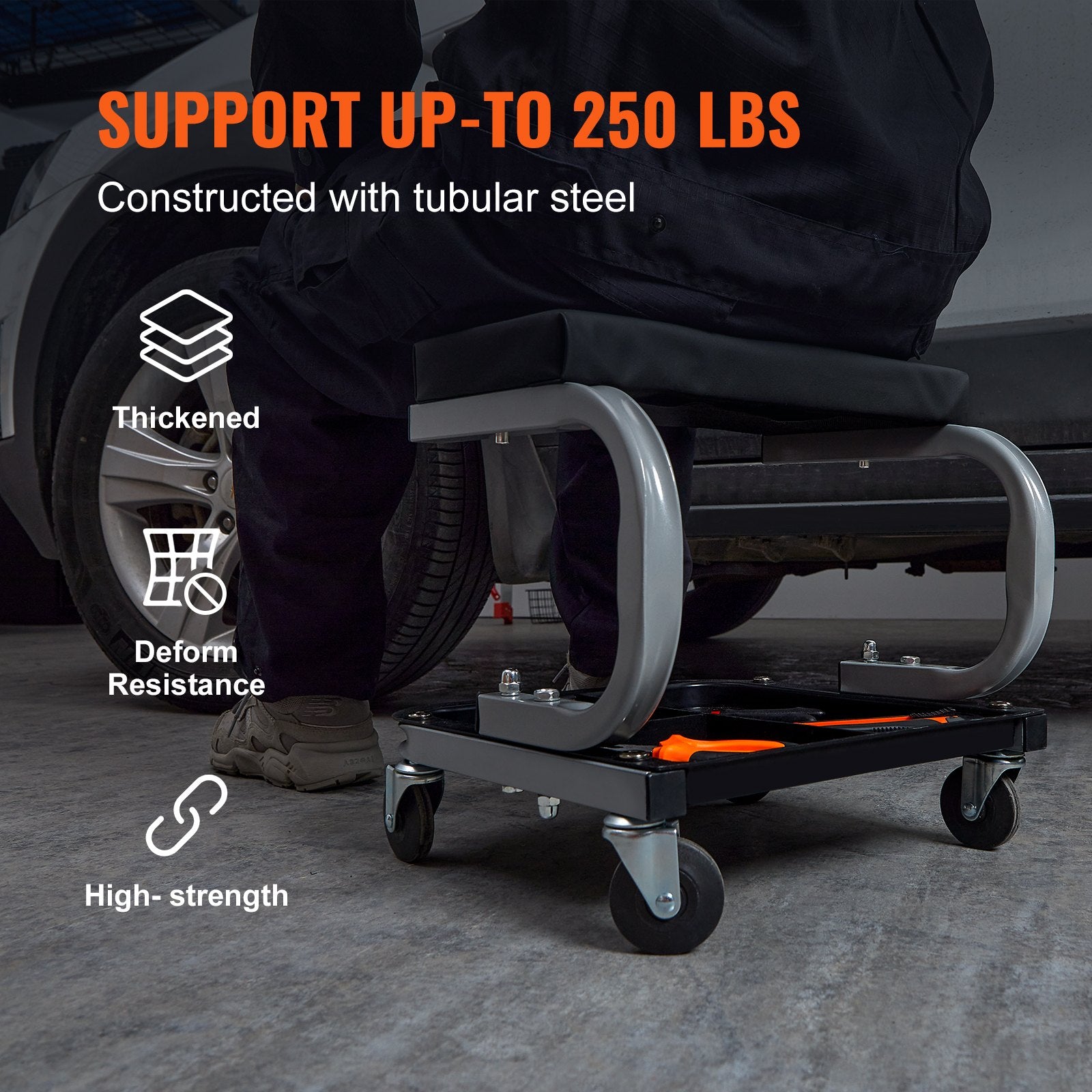 Mechaniko kėdė VEVOR su įrankių dėklu, 113 kg