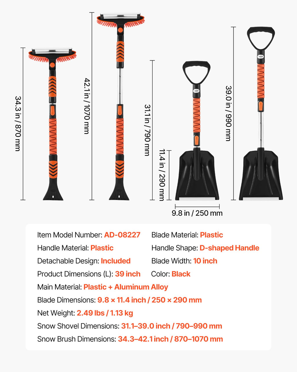 Automobilinis sniego kastuvas ir šepetys VEVOR AD-08227, 107 cm