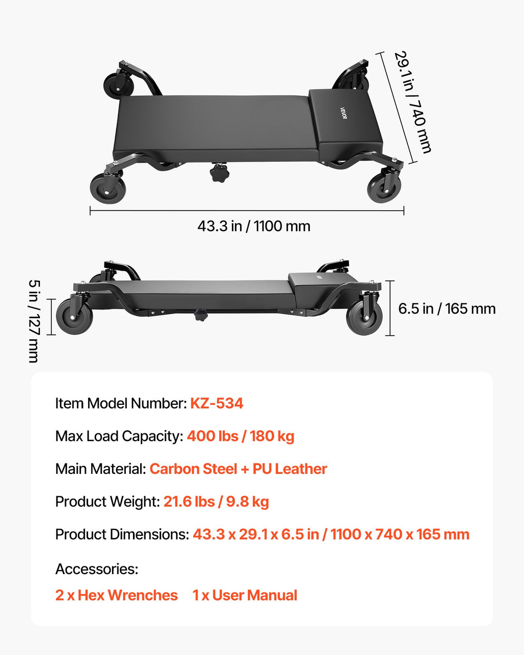 Mechaniko gultas VEVOR KZ-534, 180 kg keliamoji galia