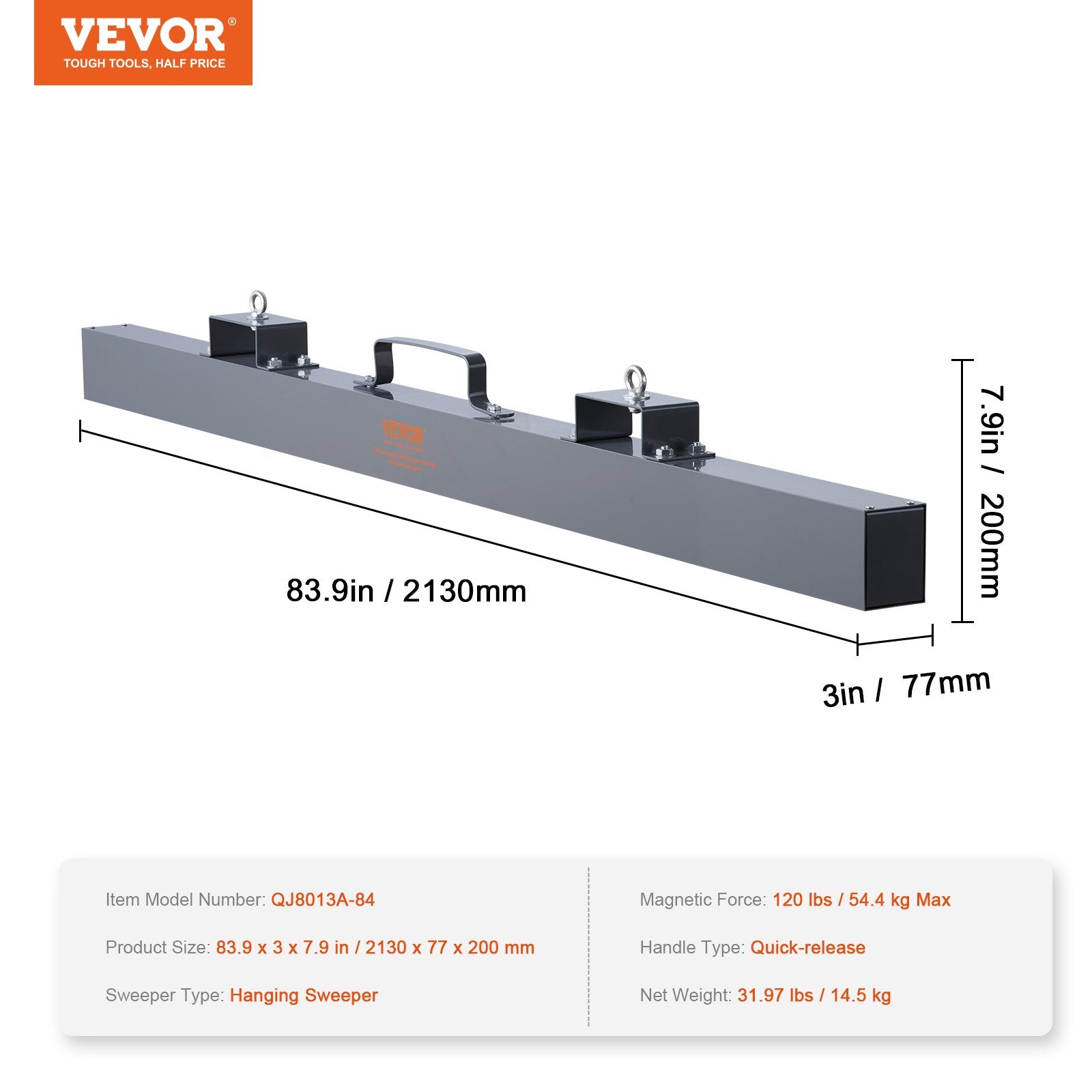 Pakabinamas magnetinis šlavimo įrankis VEVOR QJ8013A-84, 54,4 kg keliamoji galia