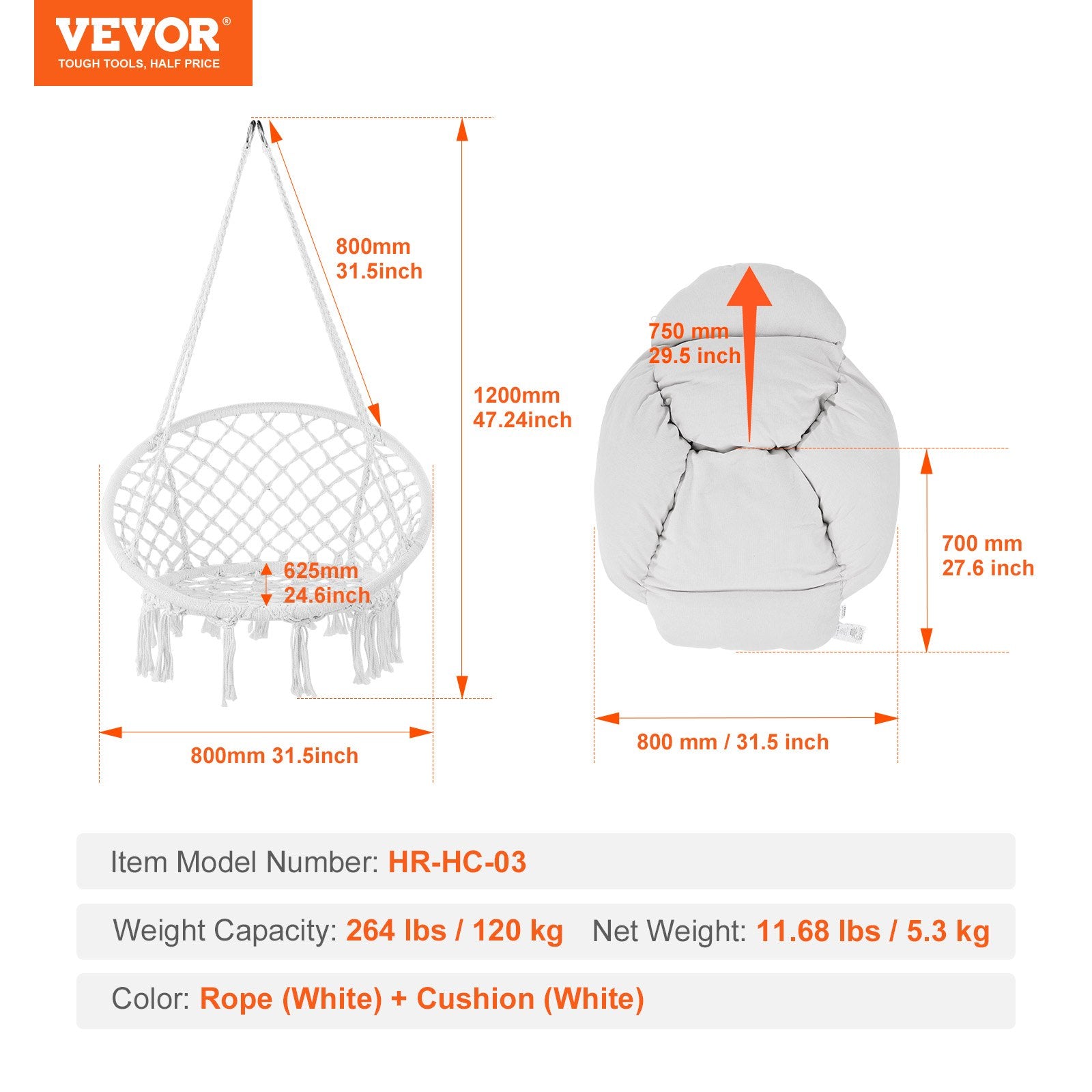 Pakabinama kėdė-hamakas VEVOR HR-HC-03, iki 120 kg