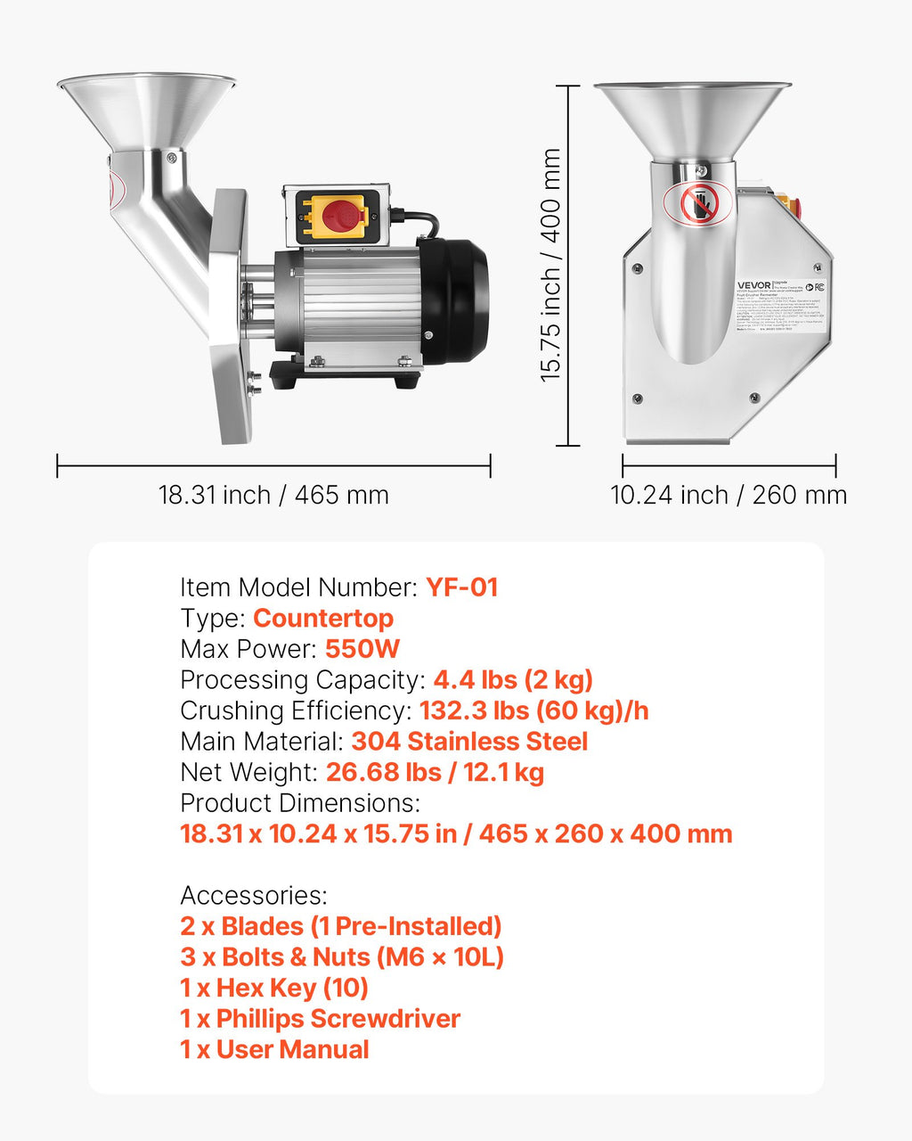 Elektrinis vaisių smulkintuvas VEVOR YF-01, 550 W