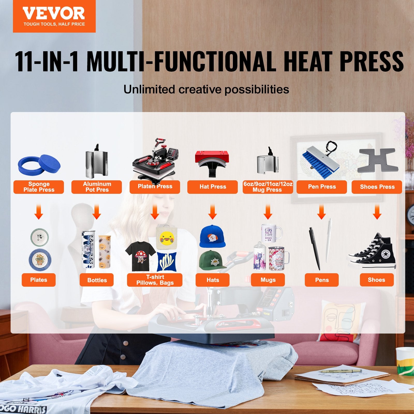 Termopresas sublimacijai VEVOR P8100, 11-in-1 rinkinys