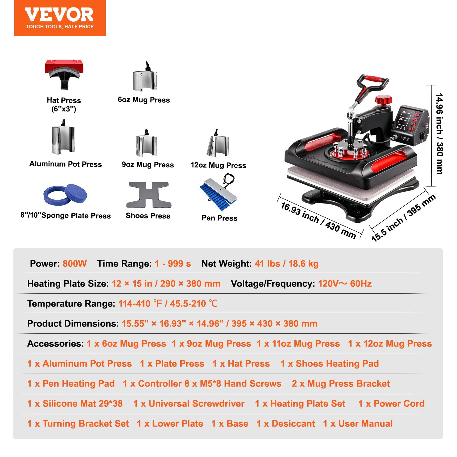 Termopresas sublimacijai VEVOR P8100, 11-in-1 rinkinys