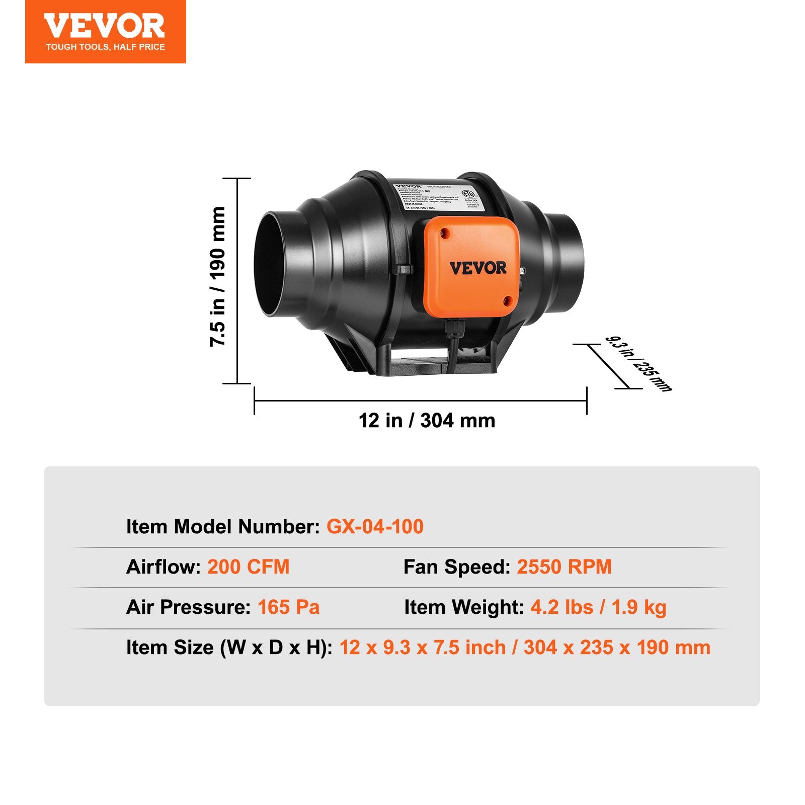 Kanalinis ventiliatorius VEVOR GX-04-100, 220 m³/h