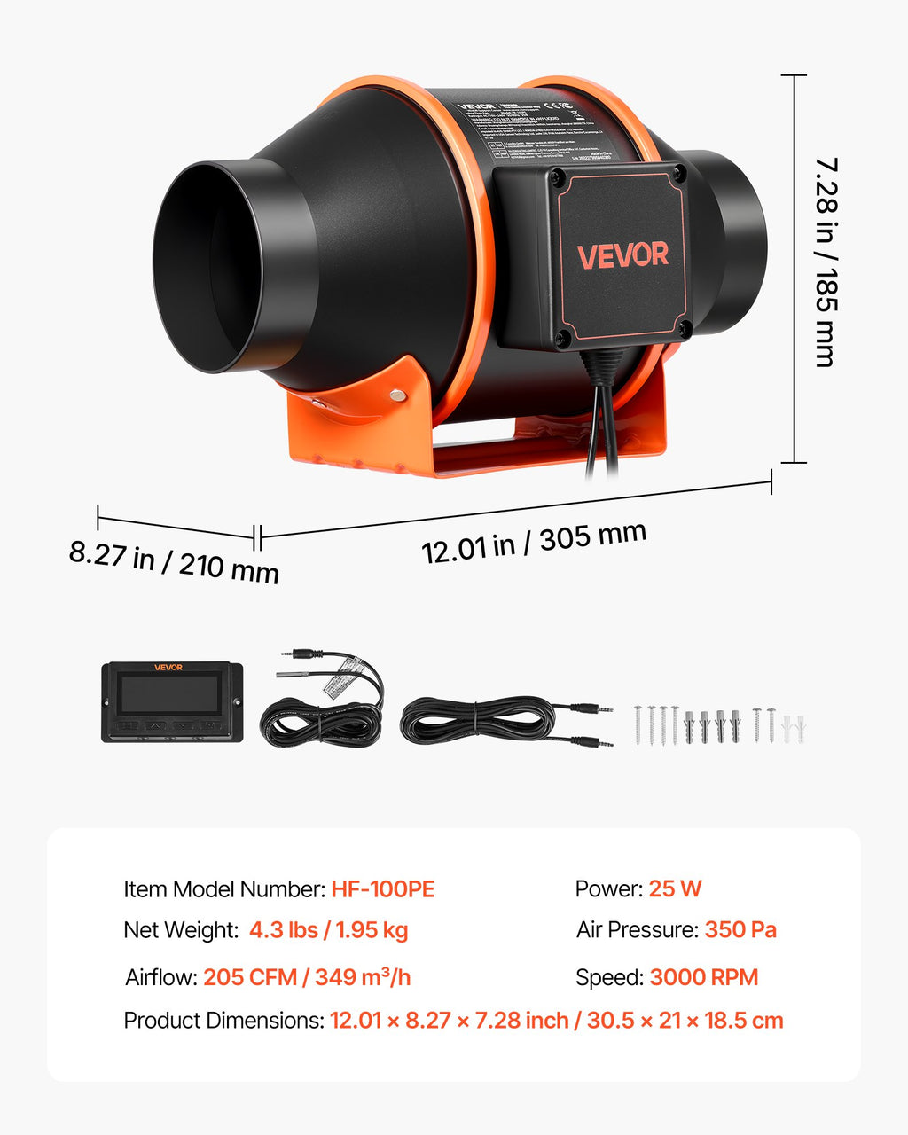 Kanalinis ventiliatorius VEVOR HF-100PE, 349 m³/h