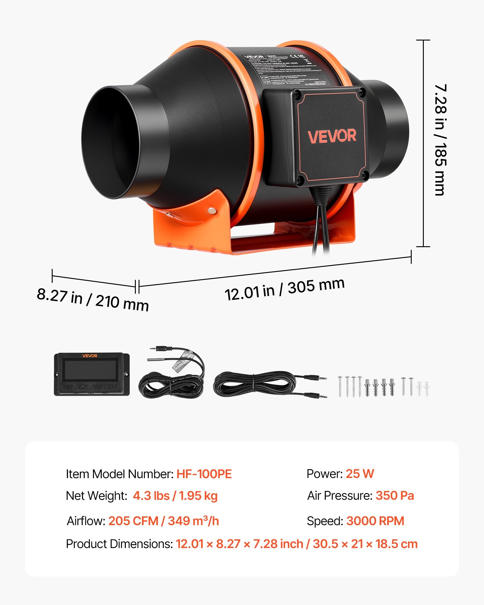 Kanalinis ventiliatorius VEVOR HF-100PE, 349 m³/h
