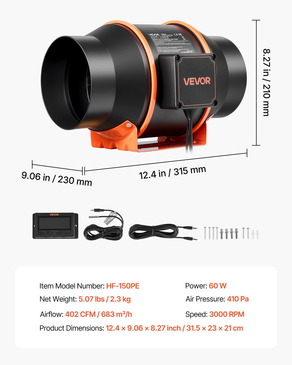 Kanalinis ventiliatorius VEVOR HF-150PE, 683 m³/h