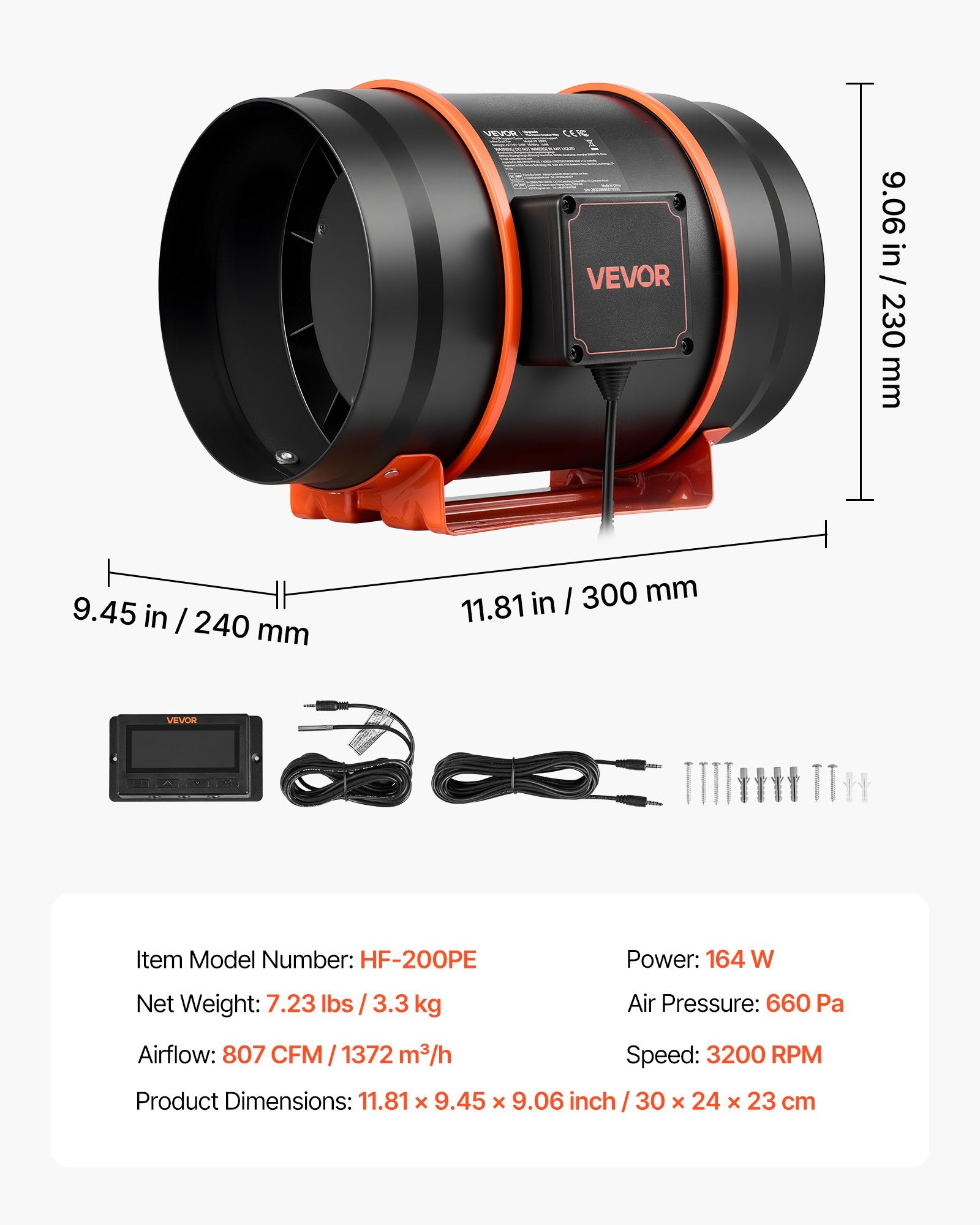 Kanalinis ventiliatorius VEVOR HF-200PE, 1372 m³/h