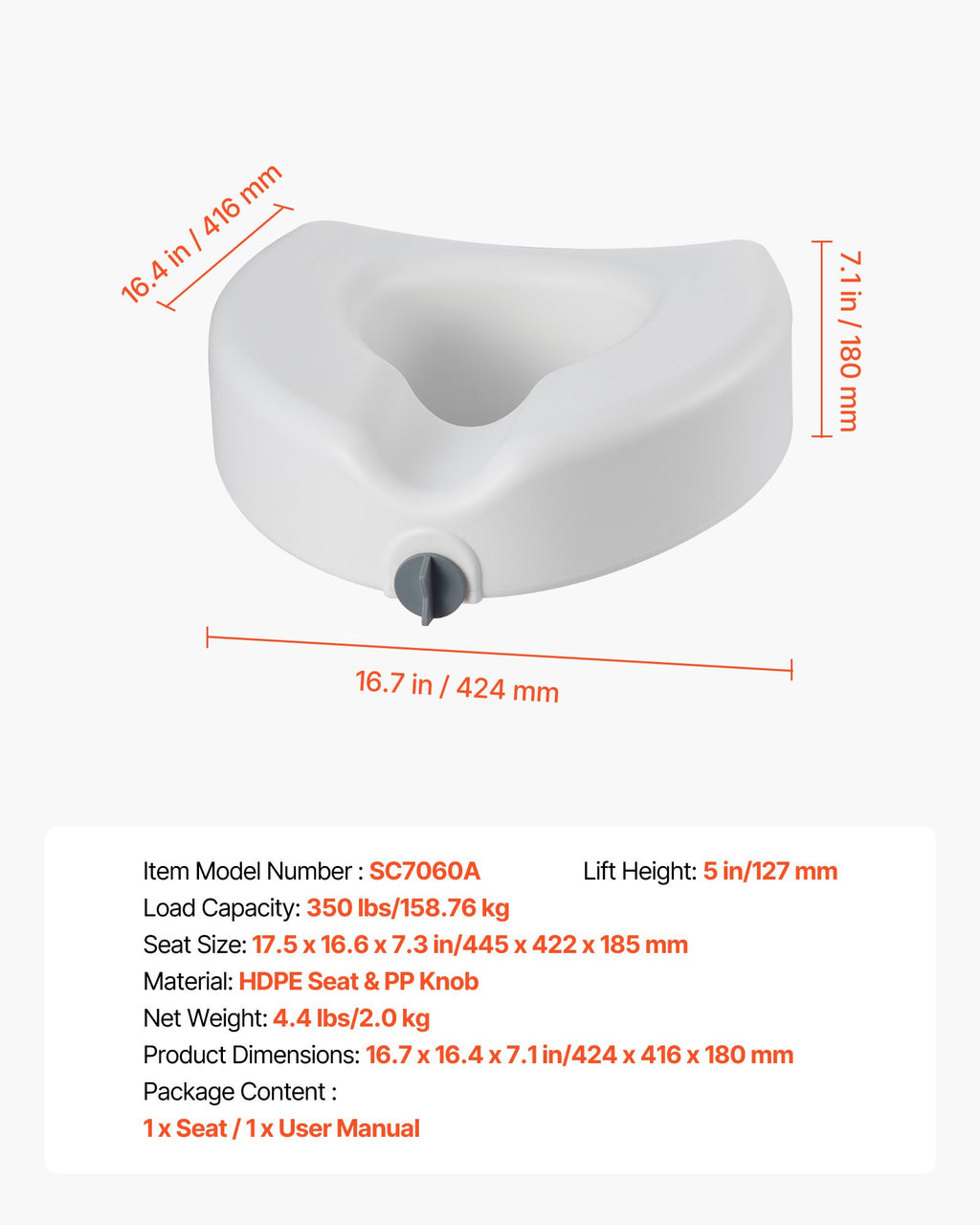 Unitazo sėdynės paaukštinimas VEVOR SC7060A, 127 mm aukštis