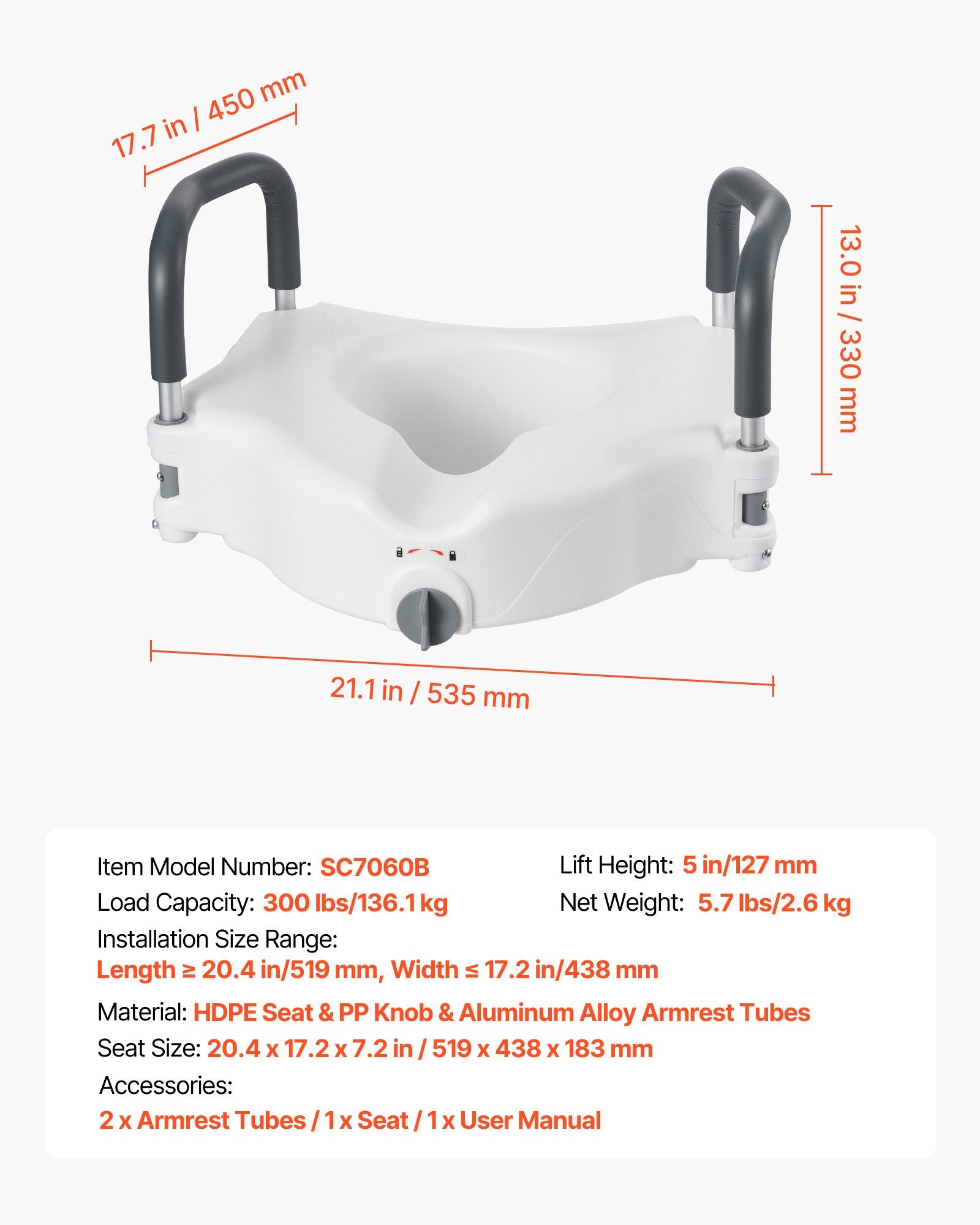 Paaukštinta tualeto sėdynė su rankenomis VEVOR SC7060B, 127 mm pakėlimas