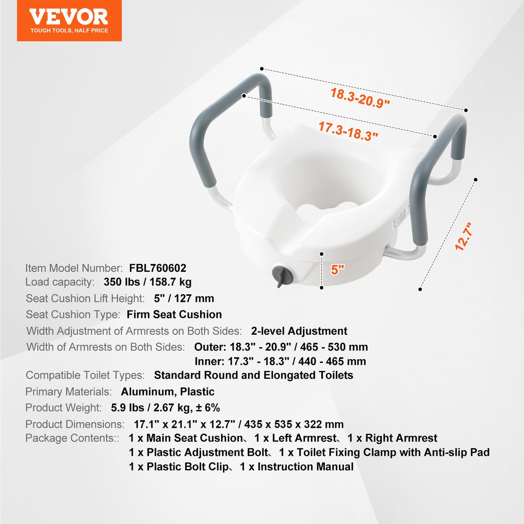 Paaukštinta tualeto sėdynė VEVOR FBL760602, 12,7 cm aukščio