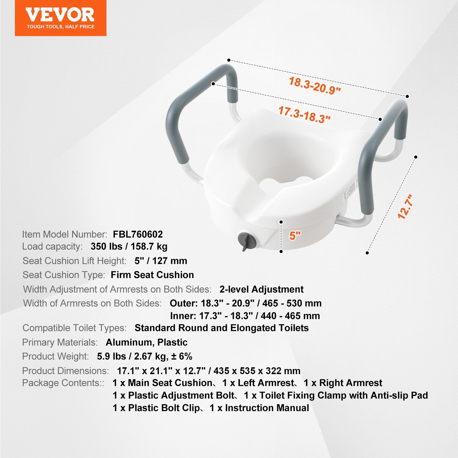 Paaukštinta tualeto sėdynė VEVOR FBL760602, 12,7 cm aukščio