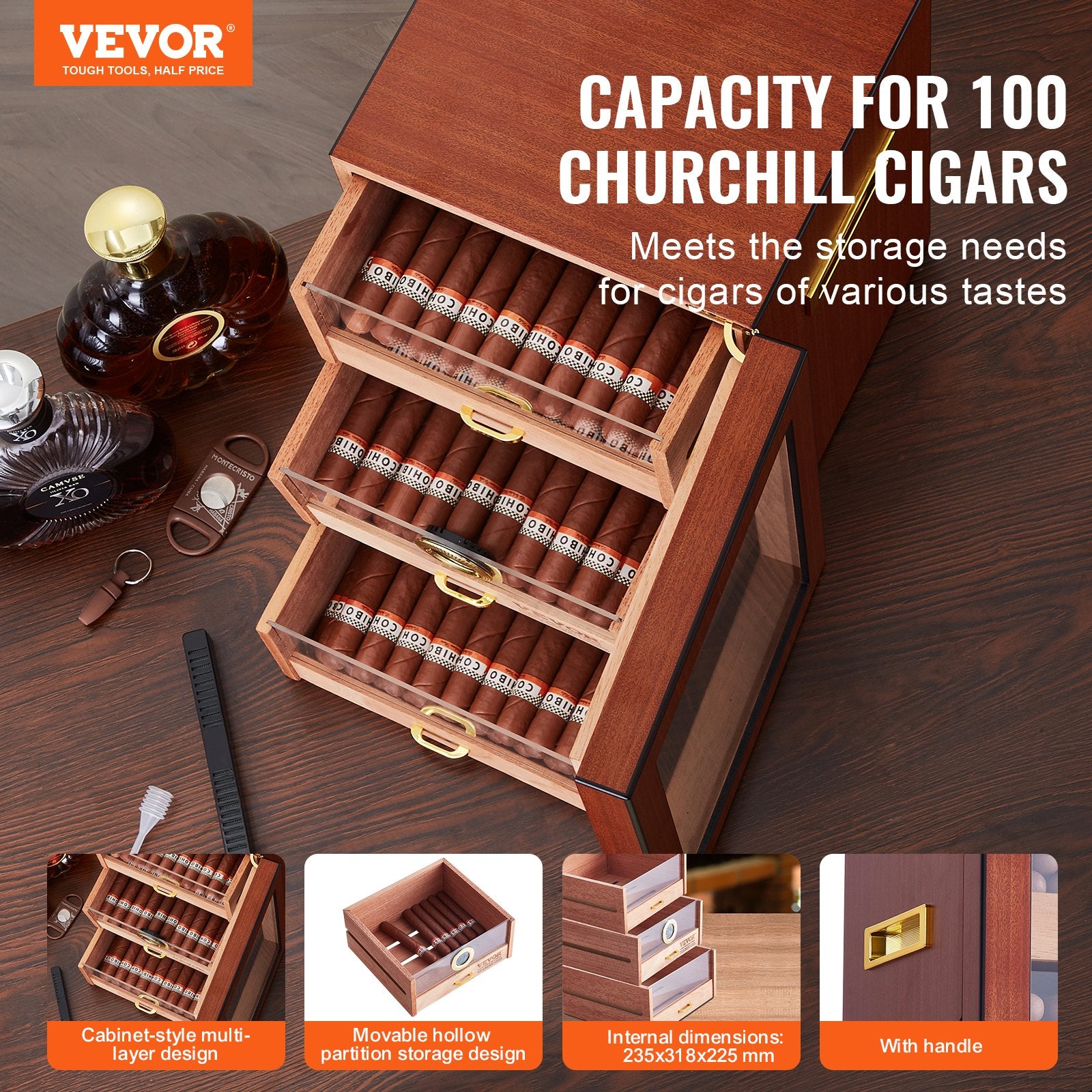 Cigarų humidorius VEVOR HCAG150D, 100-150 cigarų