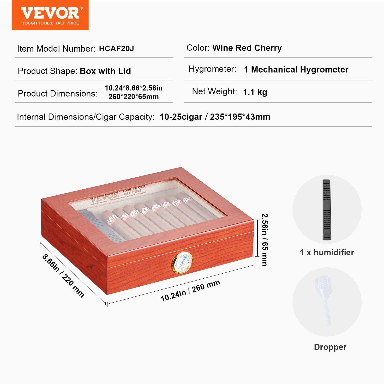 Cigarų humidorius VEVOR HCAF20J, 10–25 cigarams