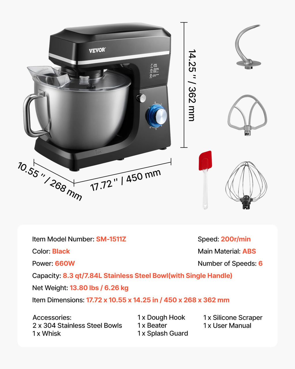 Virtuvinis kombainas VEVOR SM-1511Z, 1400W