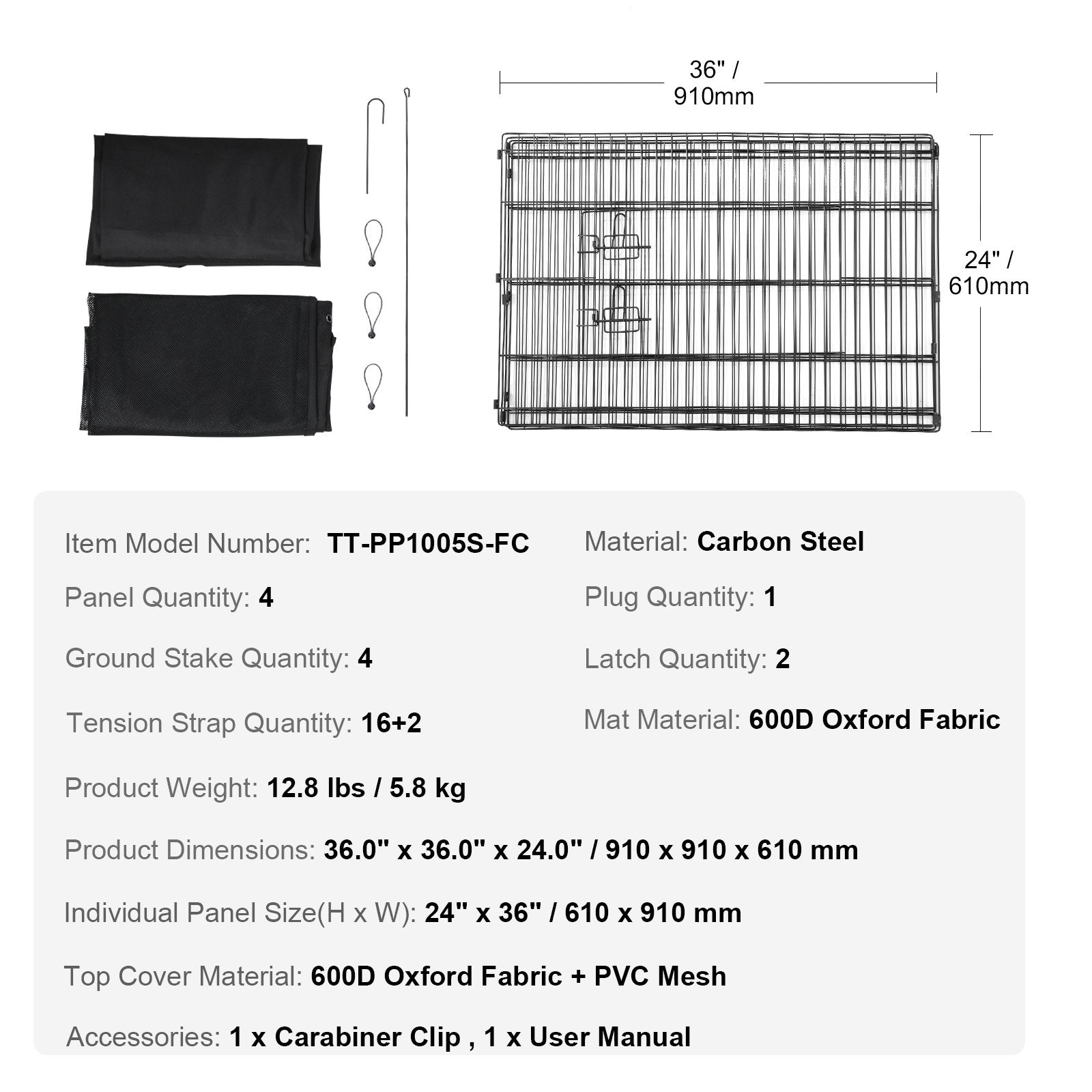 Šunų aptvaras VEVOR TT-PP1005S-FC, 91 x 91 x 61 cm