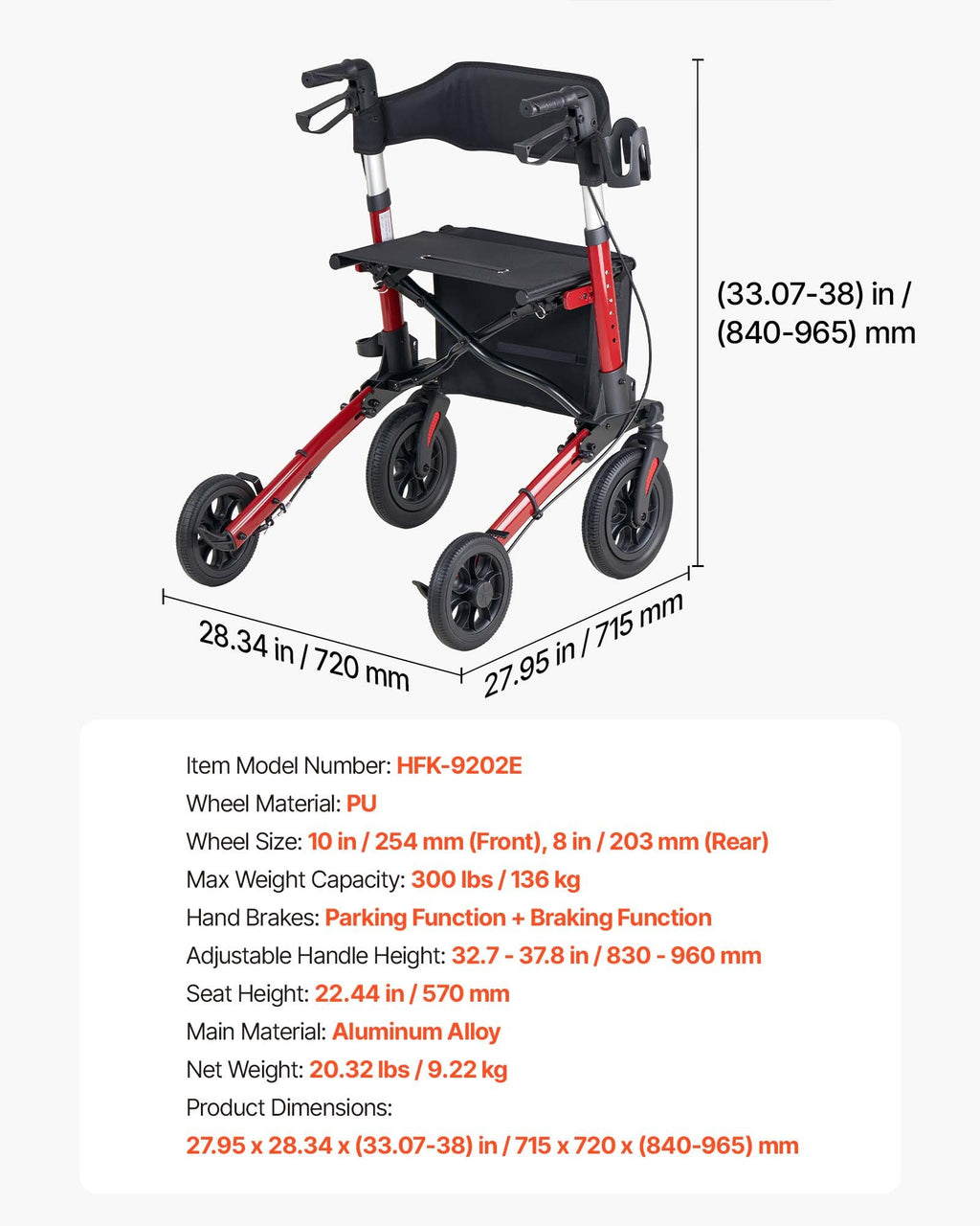 Vaikštynė su ratukais (rolatorius) VEVOR HFK-9202E, iki 136 kg