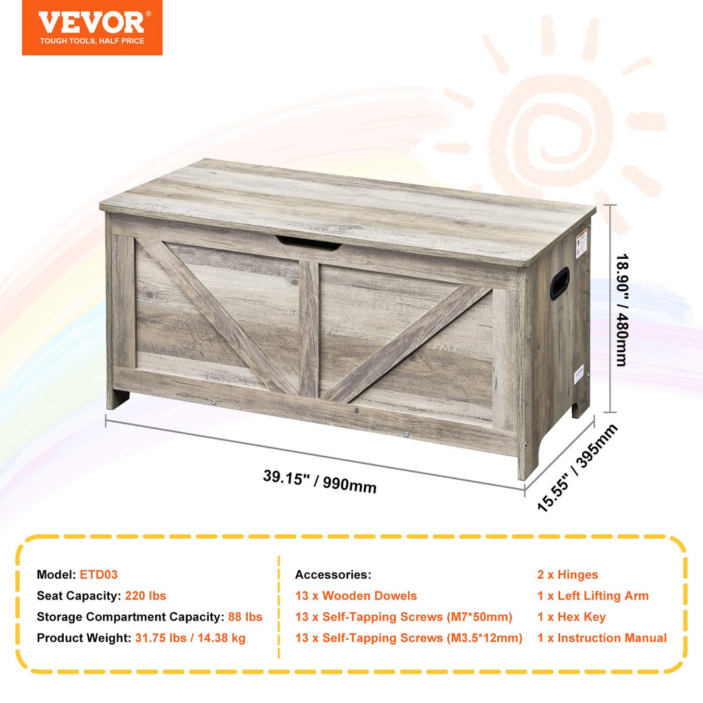 Medinė žaislų dėžė-suoliukas VEVOR ETD03, 99 cm ilgio