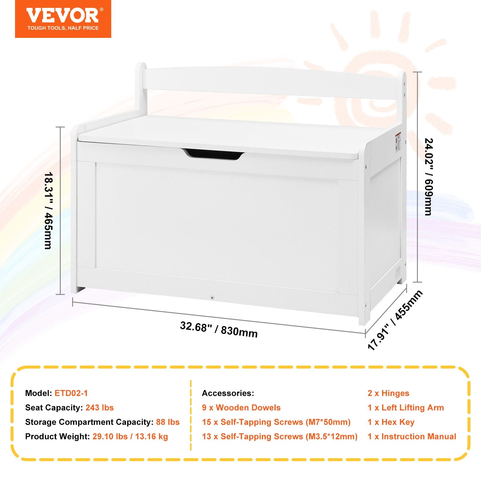 Medinė žaislų dėžė VEVOR ETD02-1, 83 cm ilgio