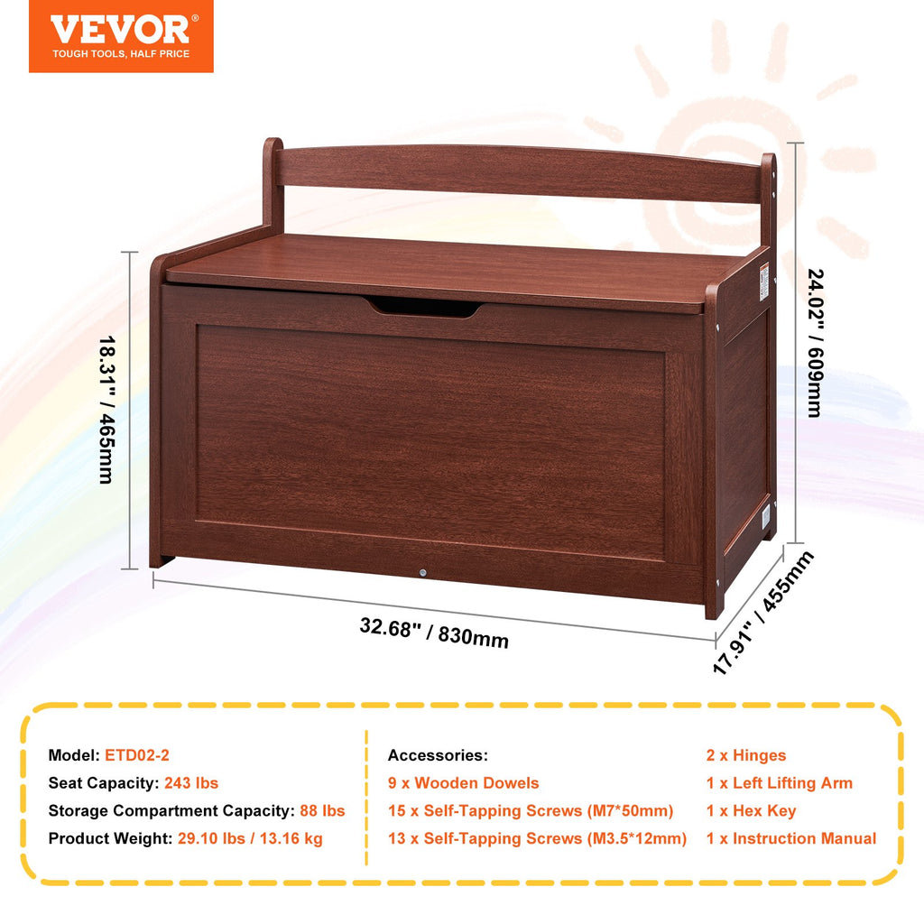 Medinė žaislų dėžė-suoliukas VEVOR ETD02-2, 83 cm ilgio