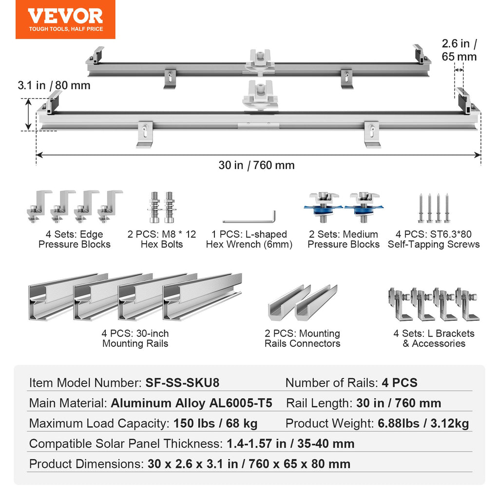 Saulės kolektorių tvirtinimo laikikliai VEVOR SF-SS-SKU8, 4 vnt. 760 mm bėgeliai