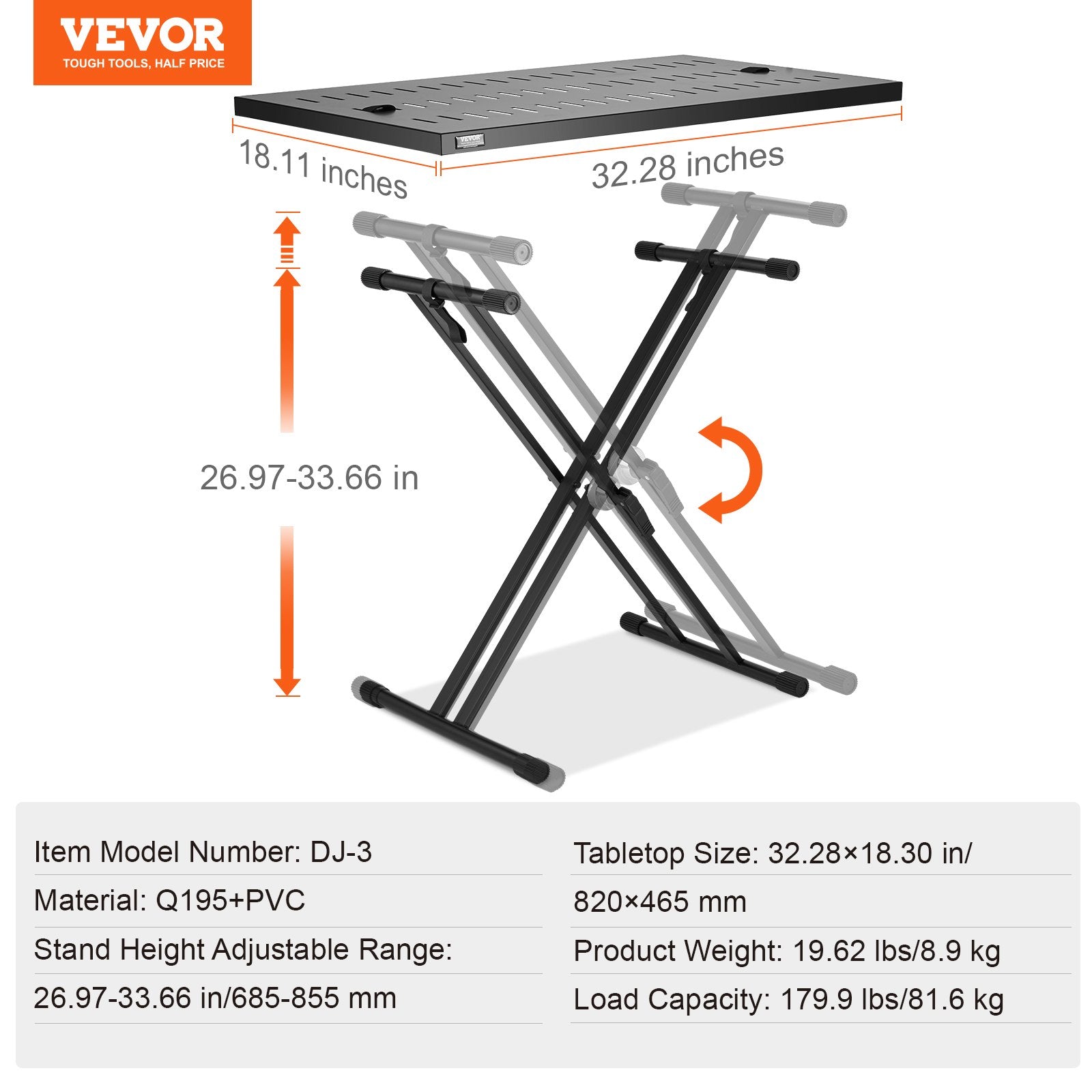 DJ stalas VEVOR DJ-3, 82 x 46 cm stalviršis