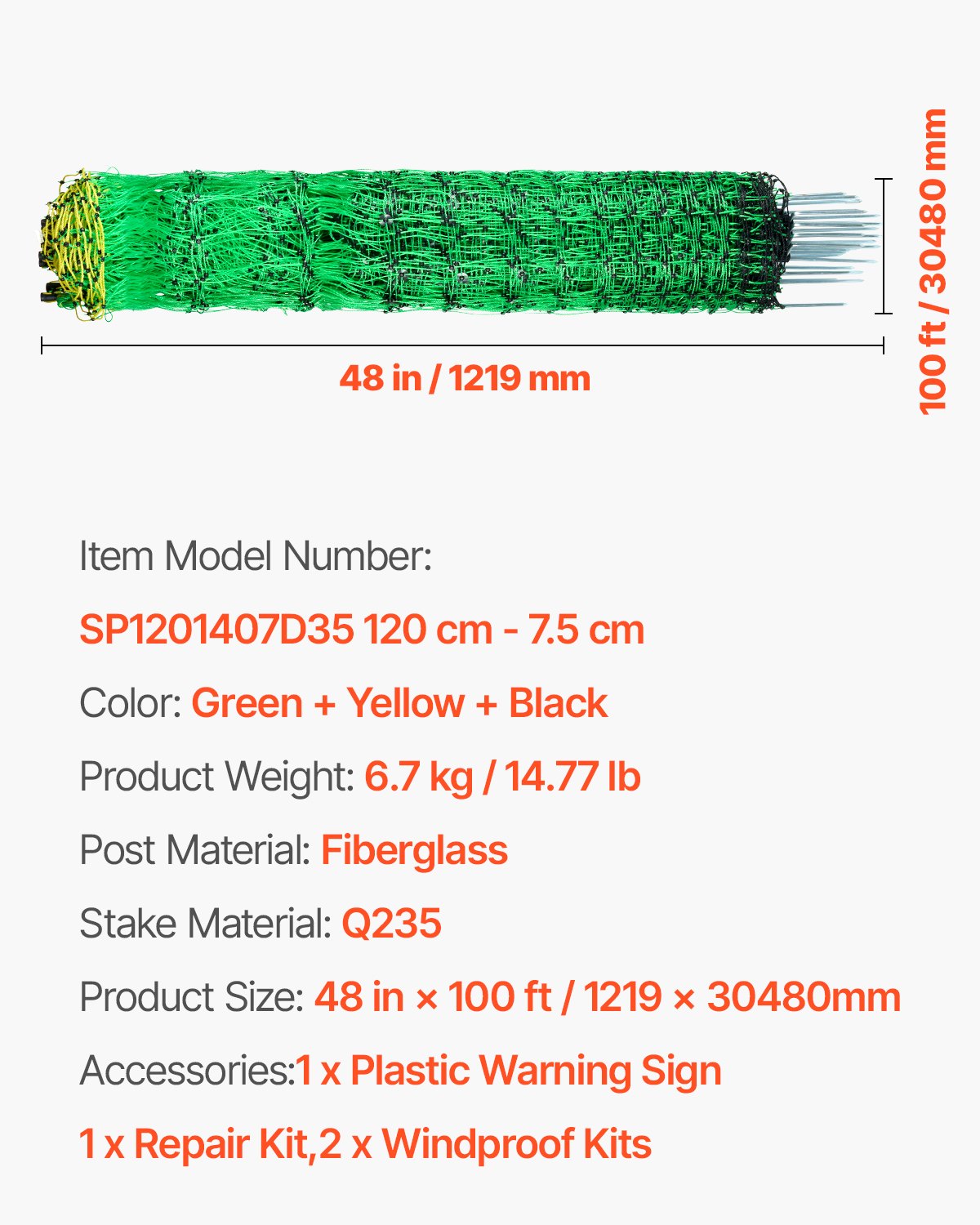 Elektrinis tinklas aptvarui VEVOR SP1201407D35, 1,21 x 30,48 m