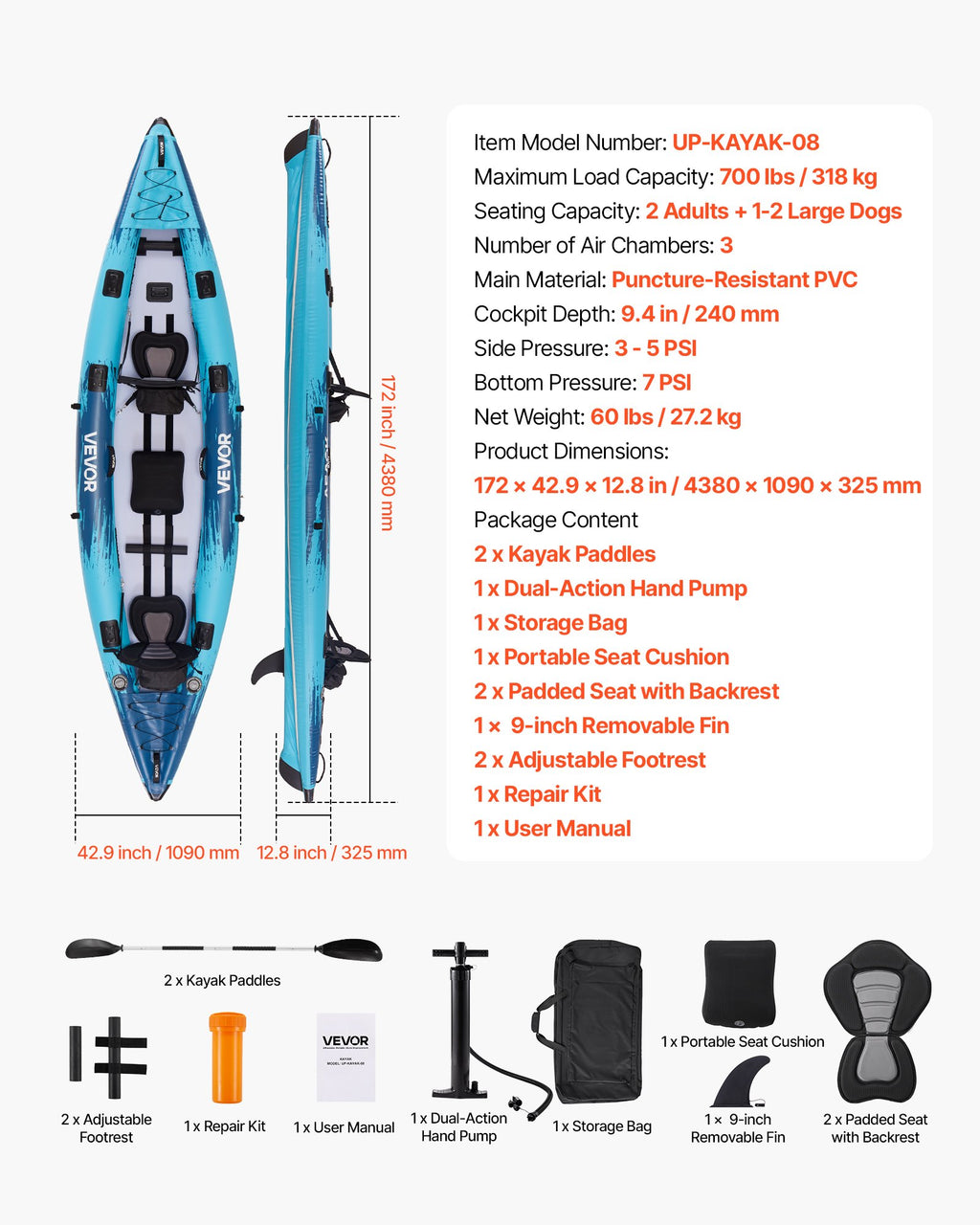 Pripučiama baidarė VEVOR UP-KAYAK-08, 318 kg keliamoji galia