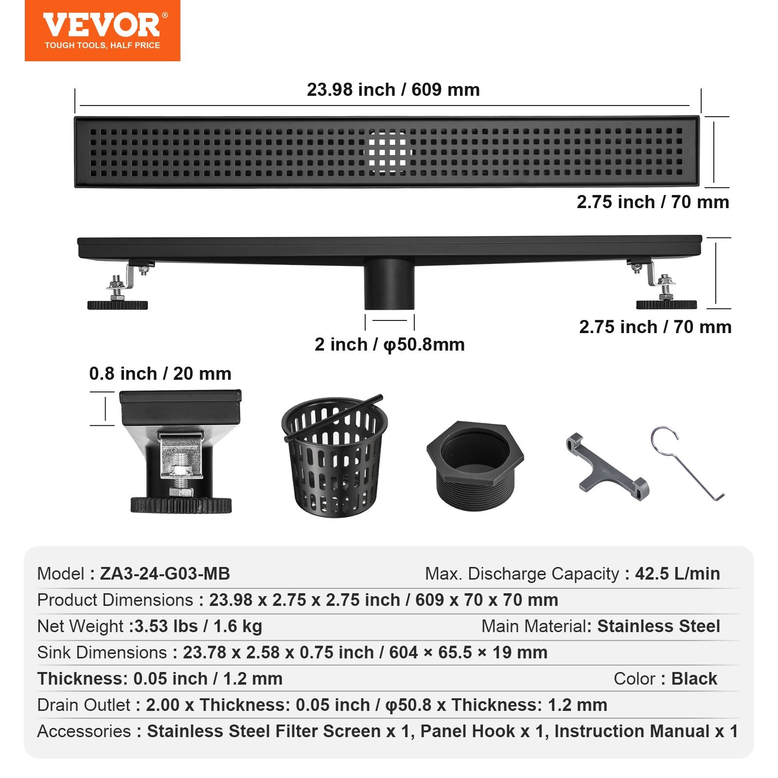 Linijinis dušo latakas VEVOR ZA3-24-G03-MB, 610 mm