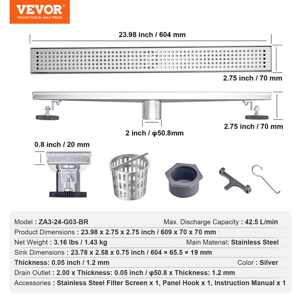 Linijinis dušo latakas VEVOR ZA3-24-G03-BR, 610 mm