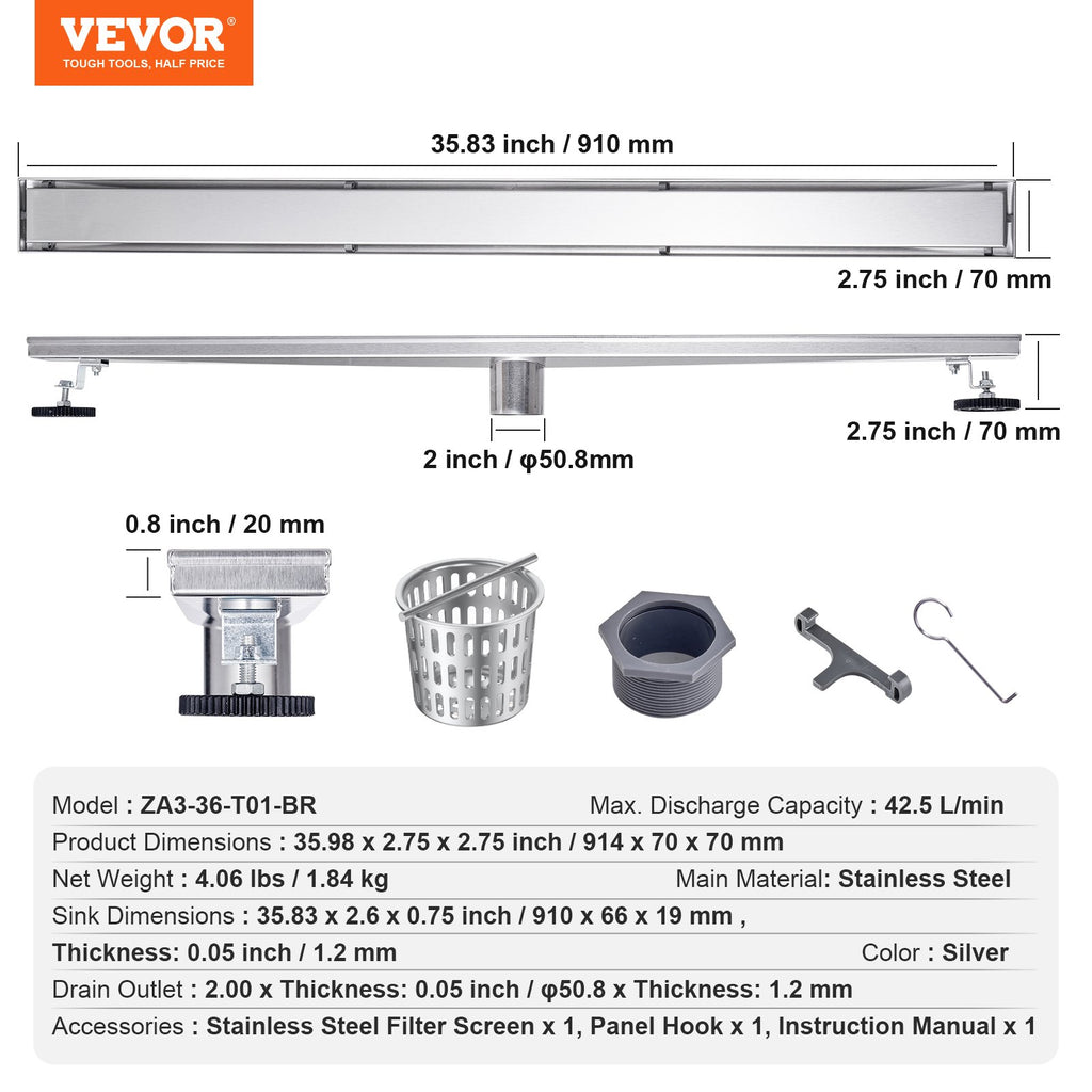 Linijinis dušo latakas VEVOR ZA3-24-T01-BR, 610 mm