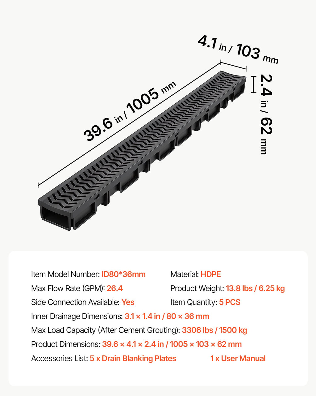 Linijinis drenažo latakas VEVOR ID 80*36mm, 1005 x 103 x 62 mm (5 vnt.)