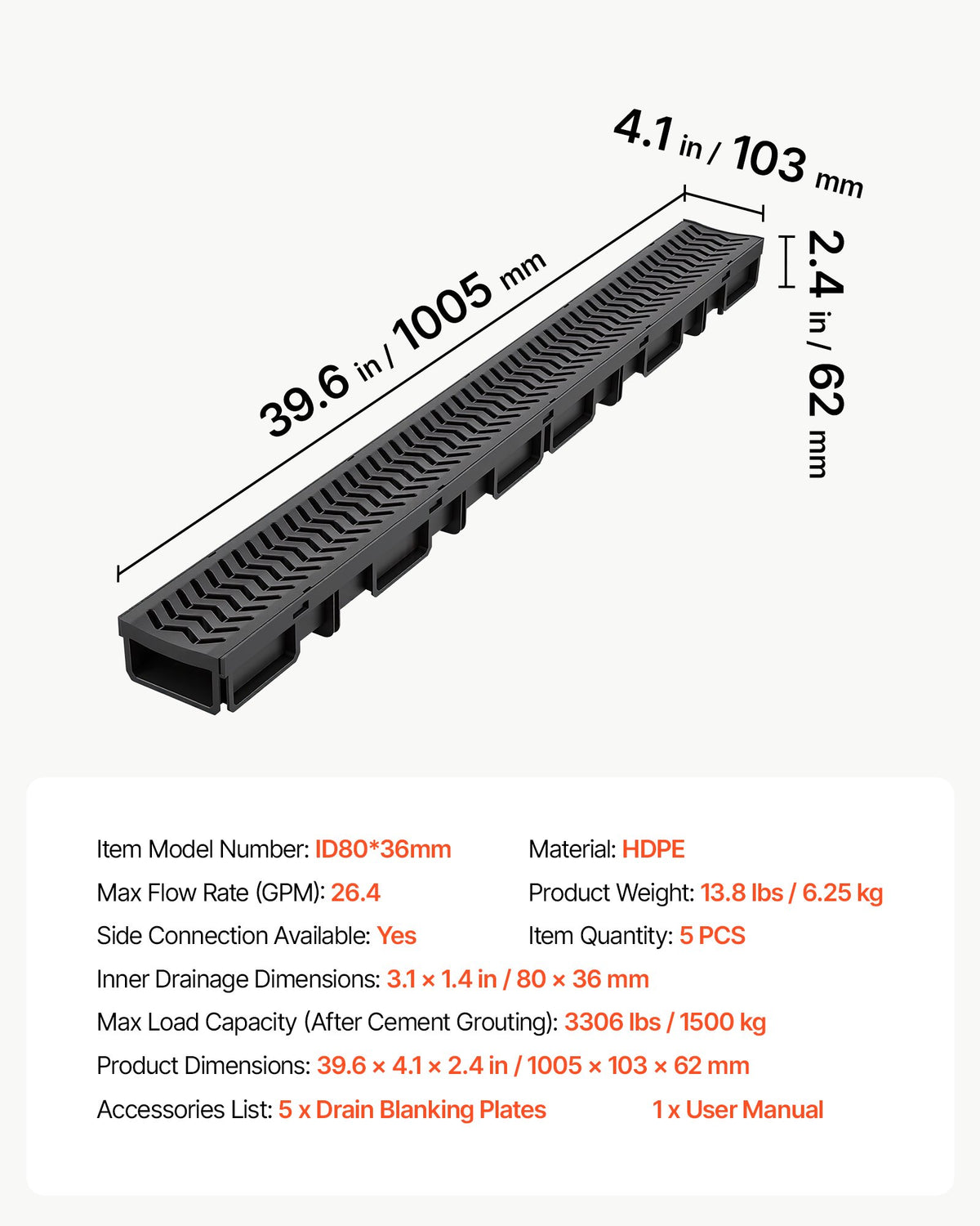 Linijinis drenažo latakas VEVOR ID 80*36mm, 1005 x 103 x 62 mm (5 vnt.)