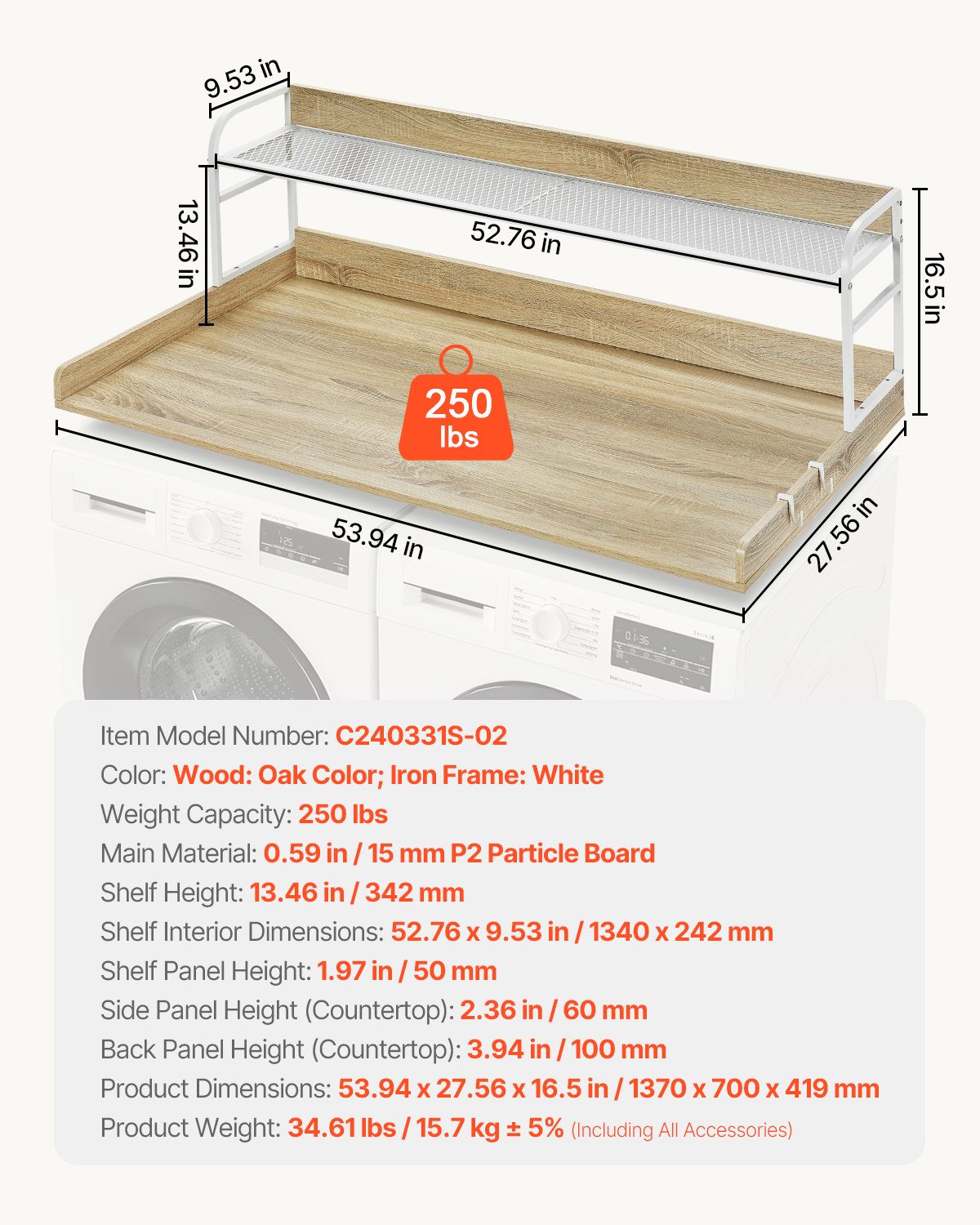 Skalbimo mašinos ir džiovyklės stalviršis VEVOR C240331S-02, 137 x 70 cm
