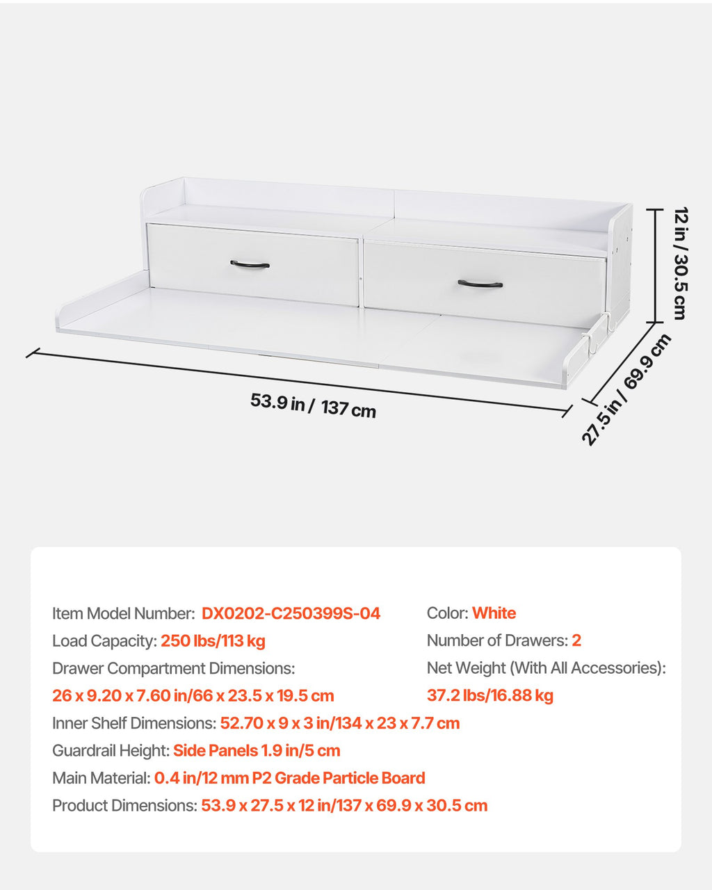 Skalbimo mašinos ir džiovyklės stalviršis VEVOR DX0202-C250399S-04, 137 x 69,9 cm