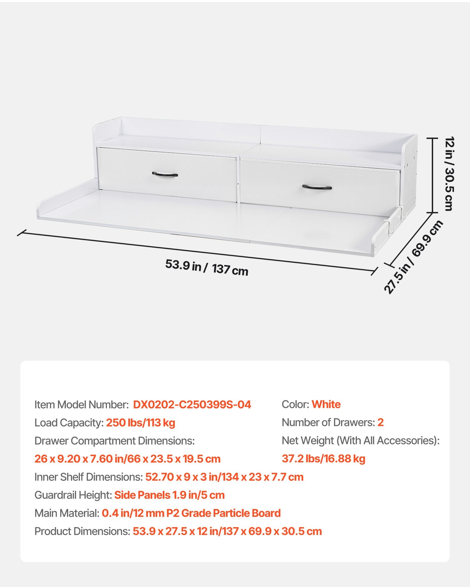 Skalbimo mašinos ir džiovyklės stalviršis VEVOR DX0202-C250399S-04, 137 x 69,9 cm