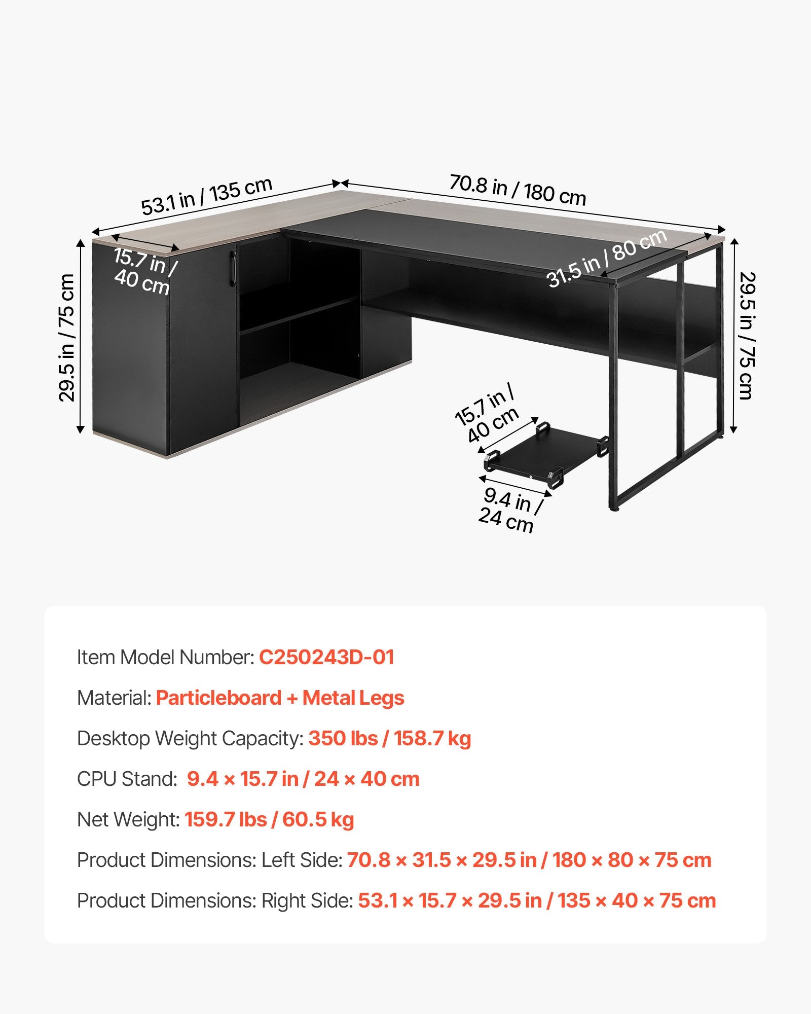 L formos vadovo stalas VEVOR C250243D-01, 158,7 kg apkrova