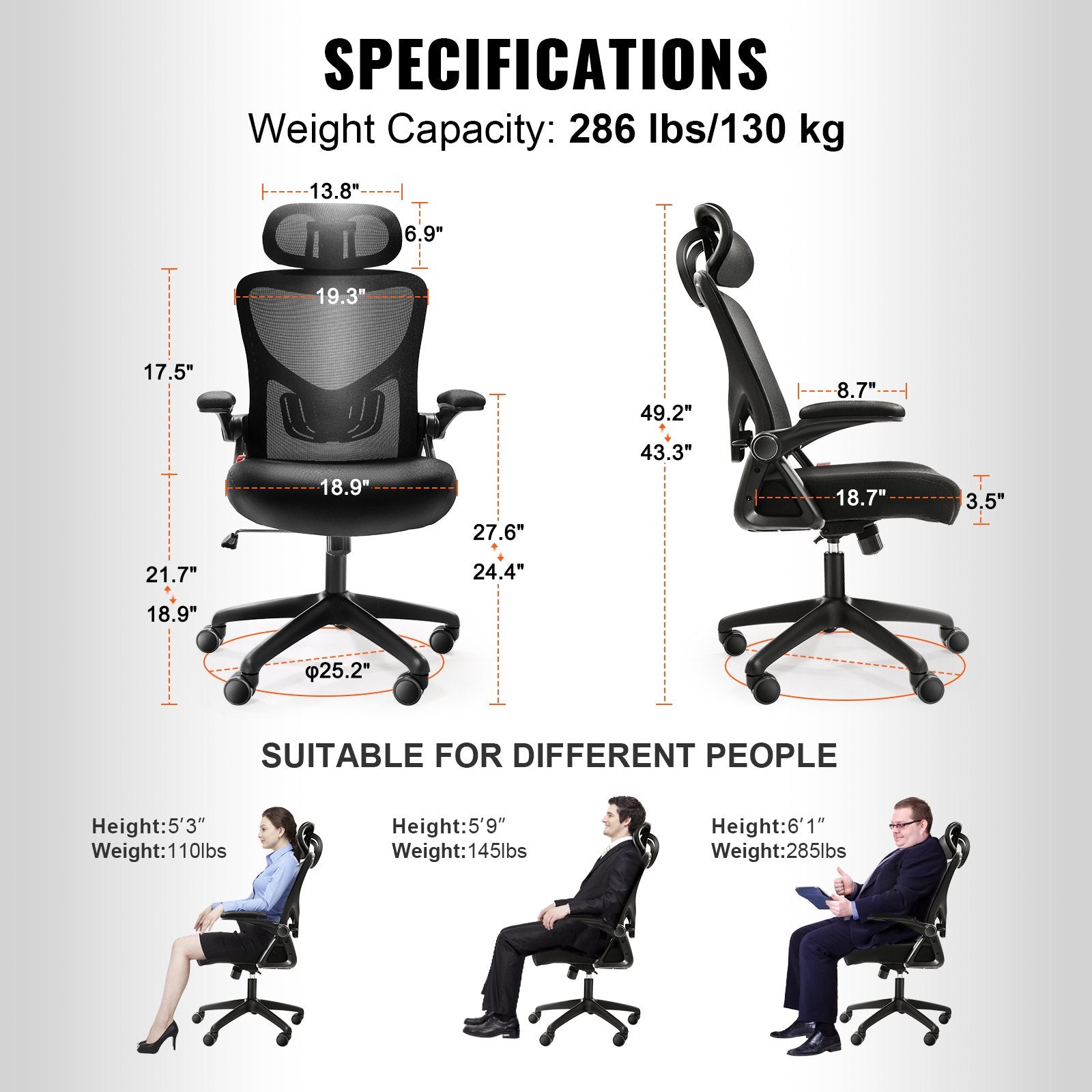 Ergonominė biuro kėdė VEVOR W-227C, 130 kg apkrova