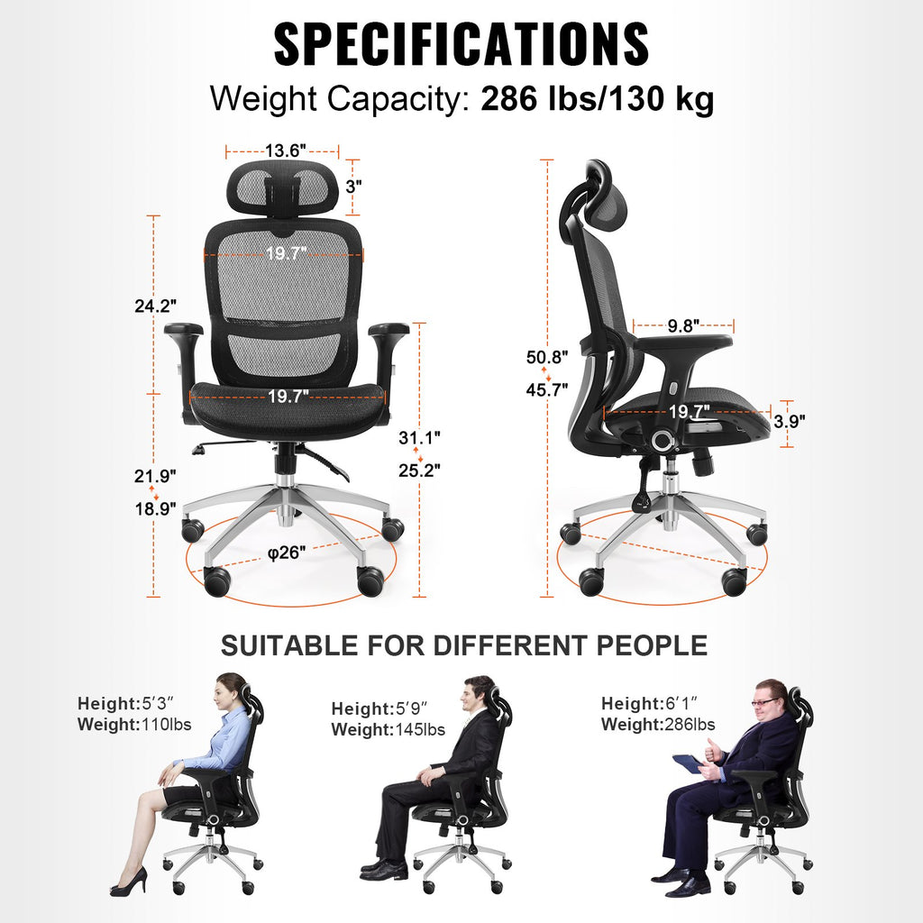 Biuro kėdė VEVOR W-235AC, iki 130 kg