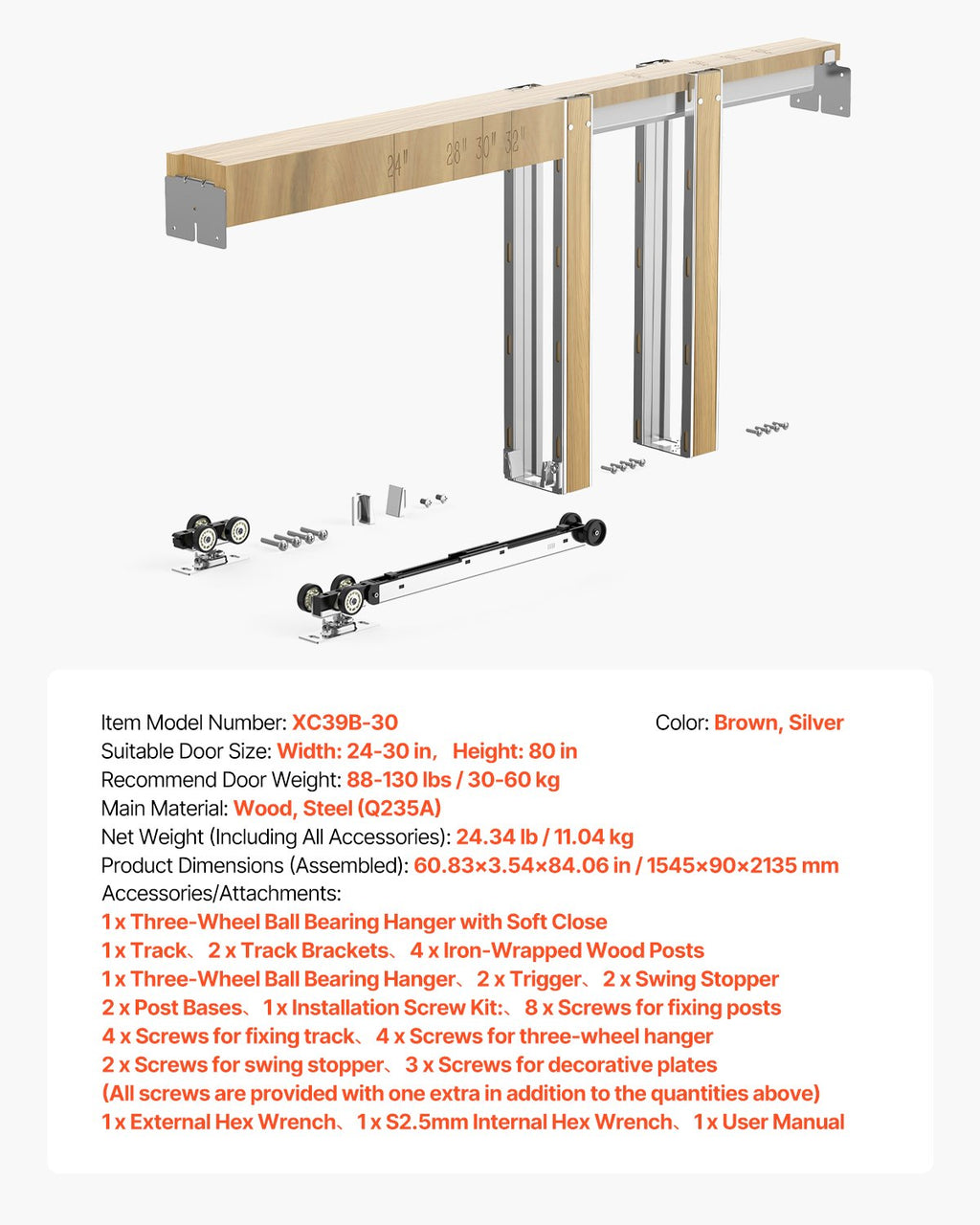 Stumdomų durų į sieną rėmo komplektas VEVOR XC39B-30, 610-762 mm pločiui