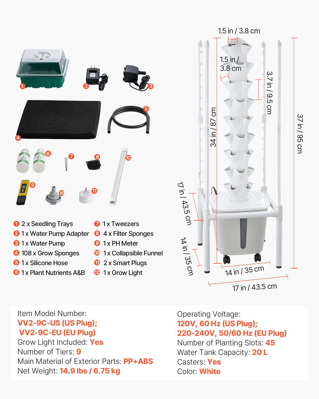 Hidroponinė auginimo sistema VEVOR VV2-9C-EU, 45 vietos augalams