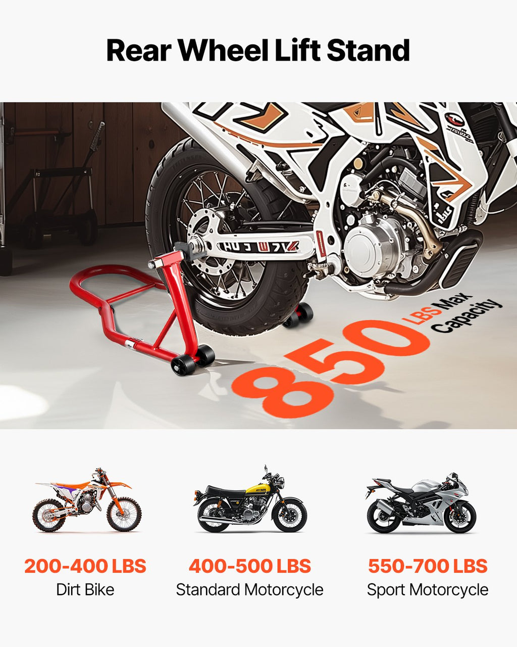 Motociklo galinio rato stovas VEVOR TD-003-05R, 385 kg keliamoji galia